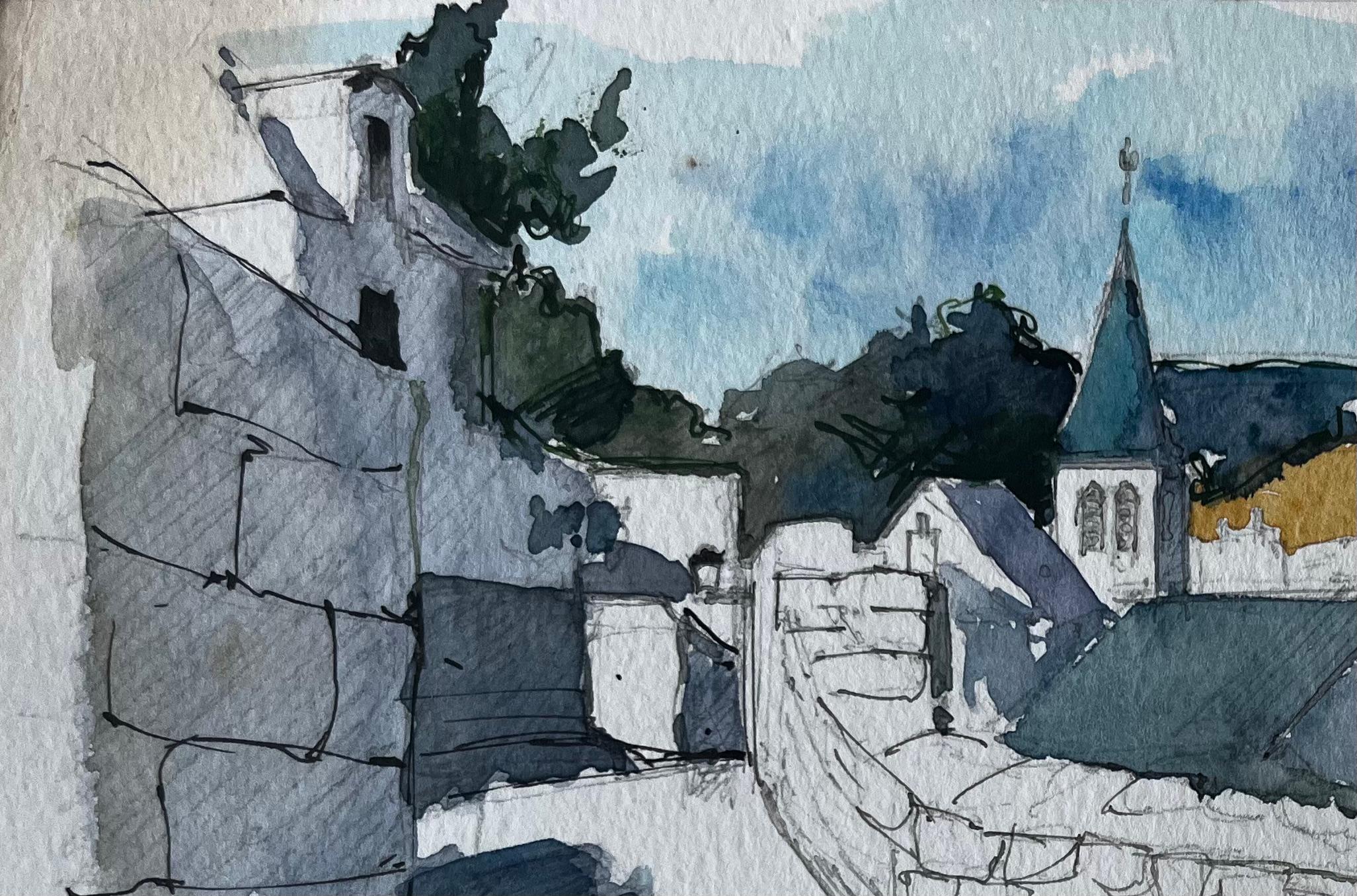 Mortemart Village Mura di pietra Torre della chiesa e cielo d'estate Studio ad acquerello - Painting Postimpressionismo di Pierre Neveu