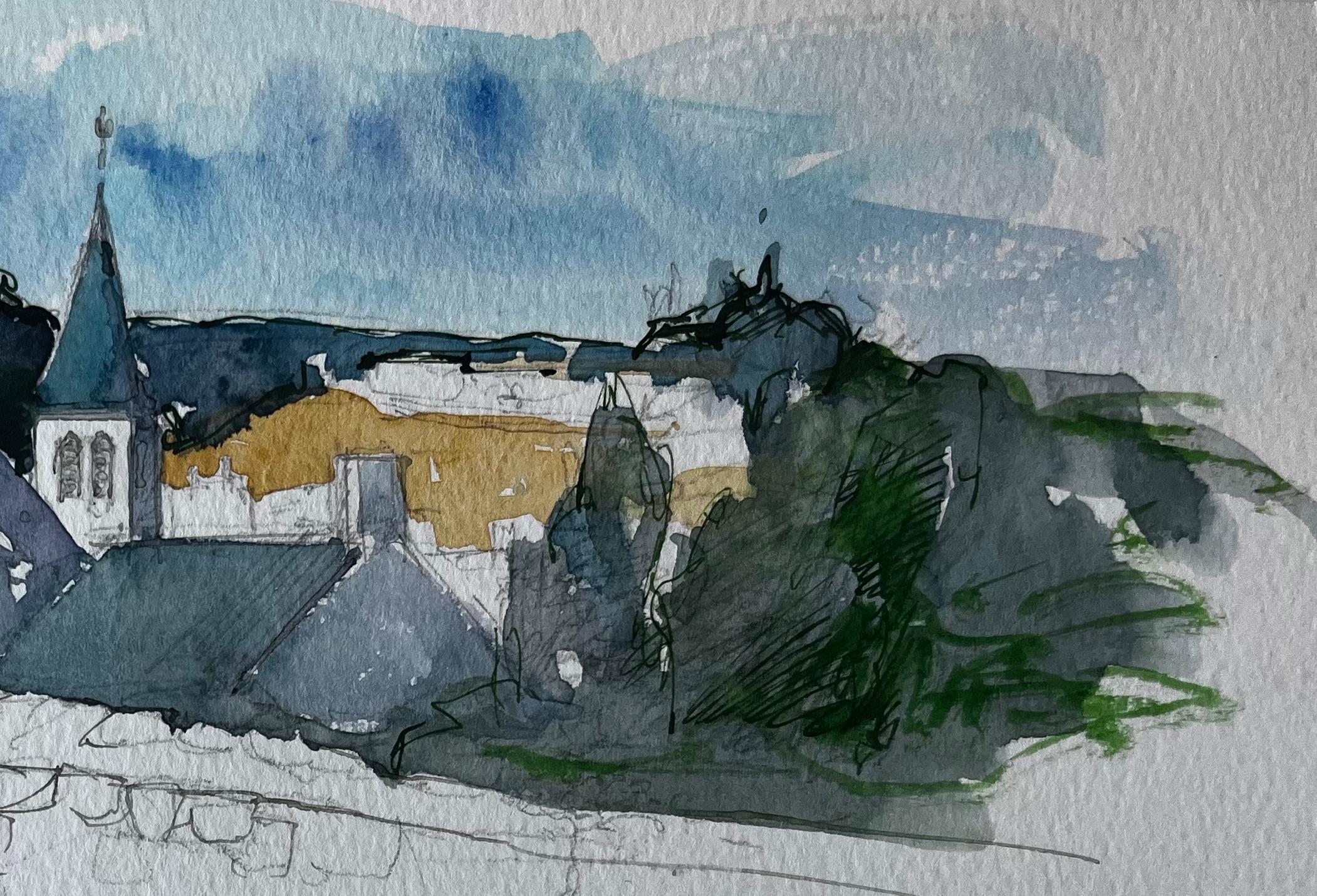 Mortemart Village Mura di pietra Torre della chiesa e cielo d'estate Studio ad acquerello - Landscape Painting Grigio di Pierre Neveu