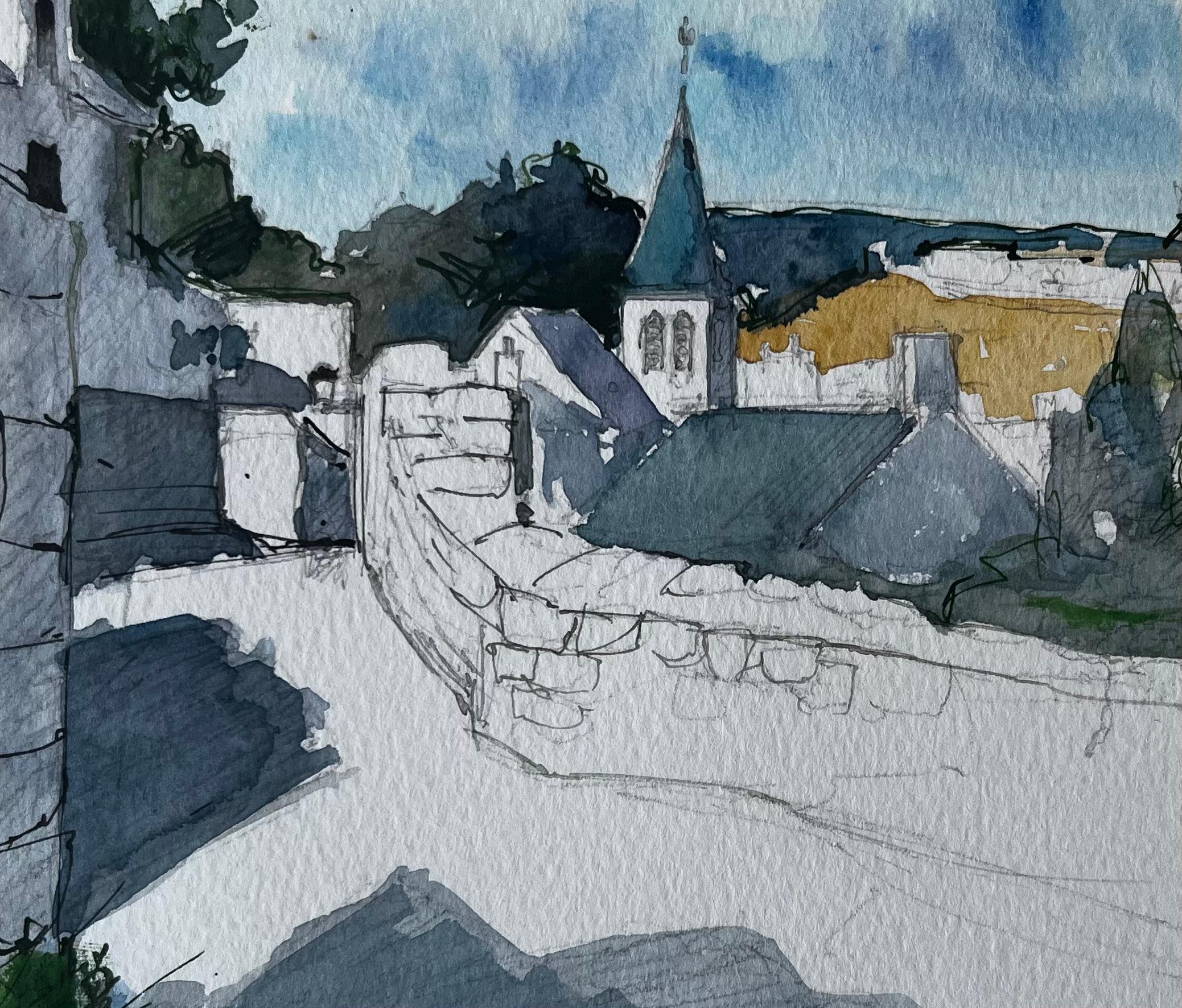 Mortemart Village Mura di pietra Torre della chiesa e cielo d'estate Studio ad acquerello in vendita 2