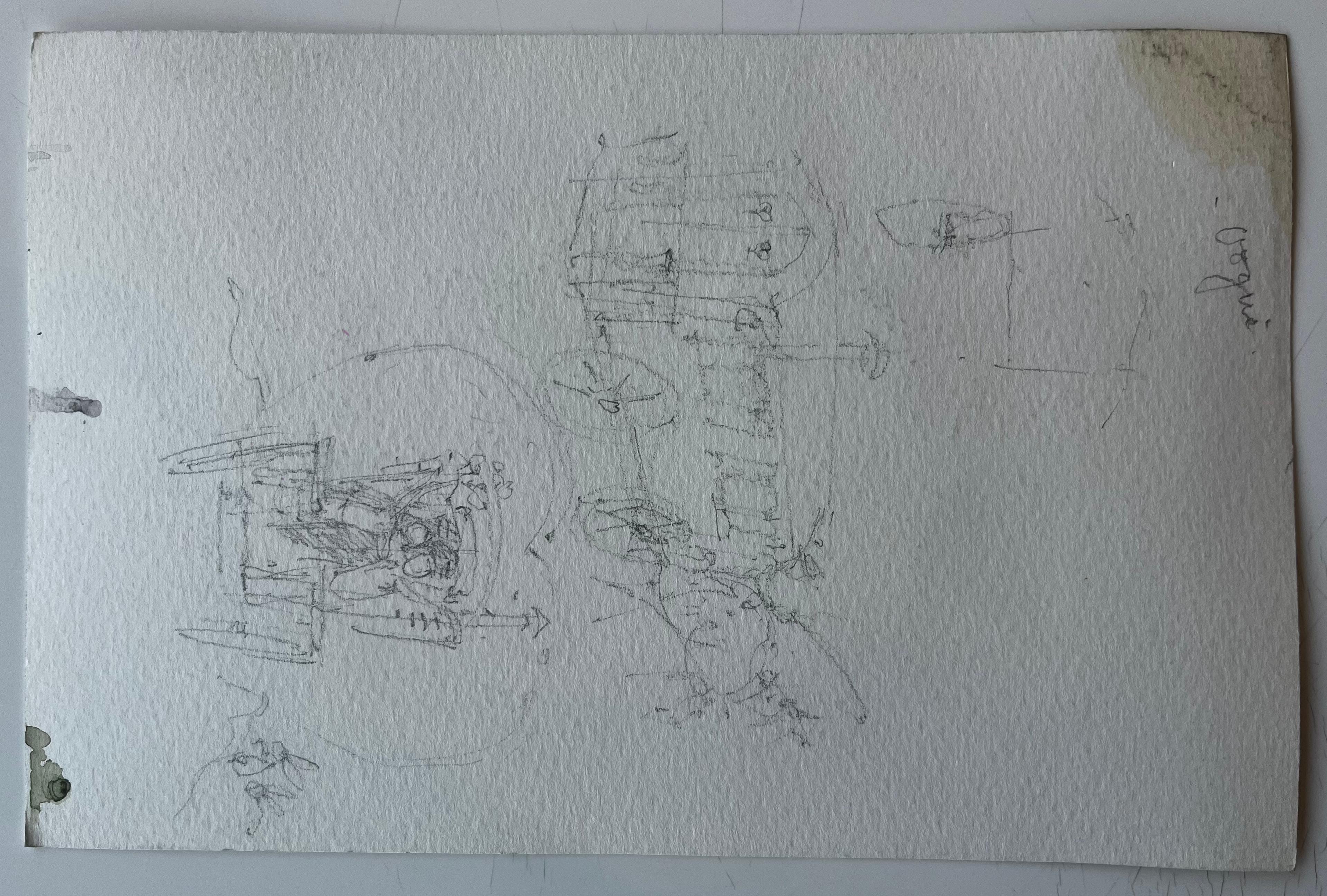 Mortemart Village Mura di pietra Torre della chiesa e cielo d'estate Studio ad acquerello in vendita 3