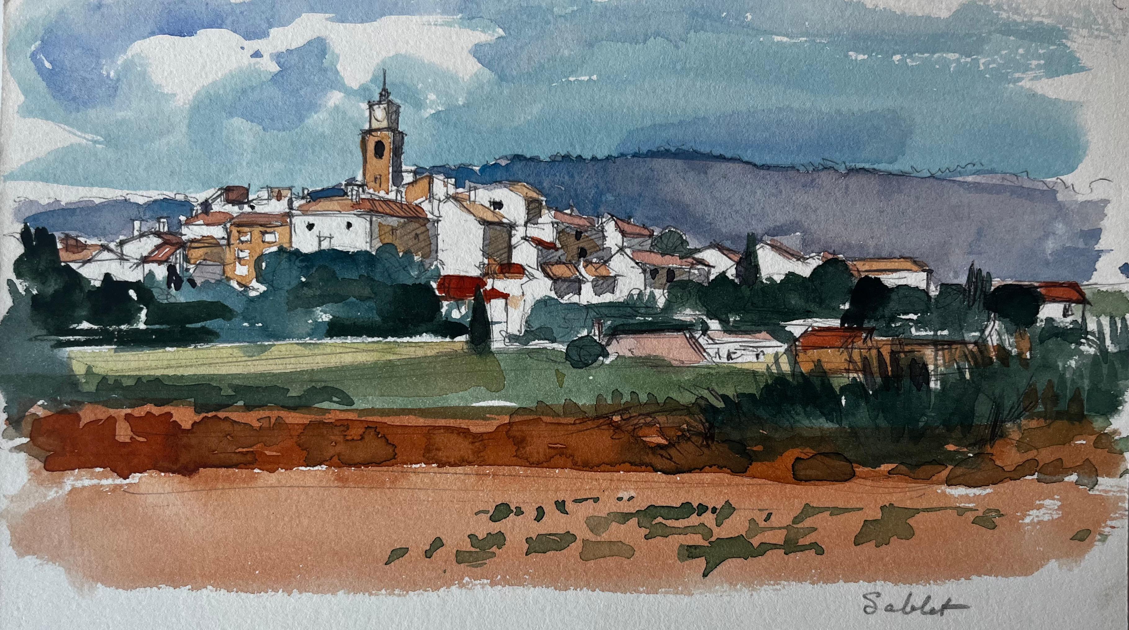 Sablet Village Vista dalla collina Torre della chiesa Vigneti e terra rossa Acquerello