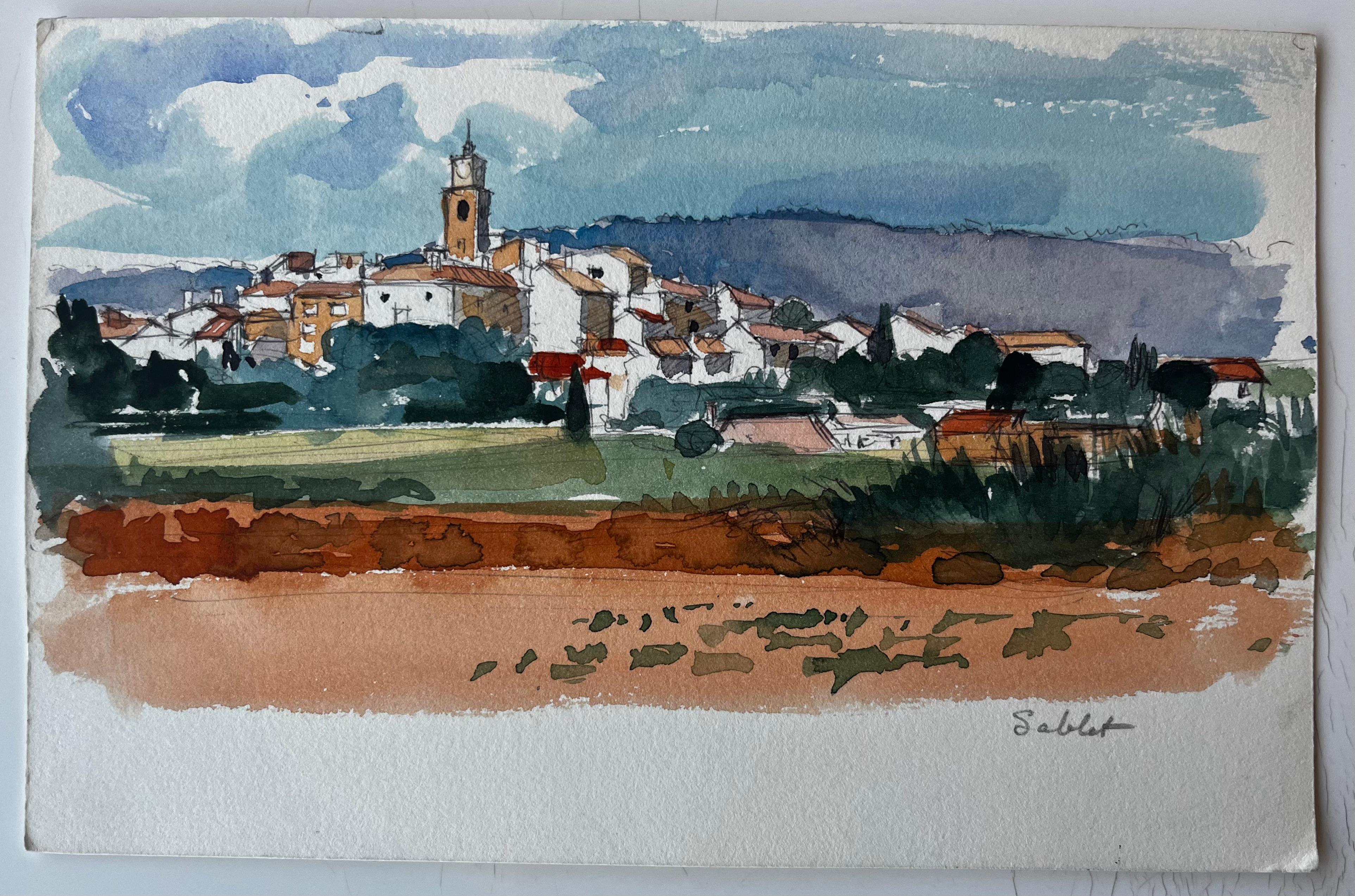 Sablet Village Vista dalla collina Torre della chiesa Vigneti e terra rossa Acquerello - Art di Pierre Neveu