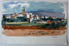Sablet Village Hilltop View Church Tower Weinberge und rote Erde Aquarell