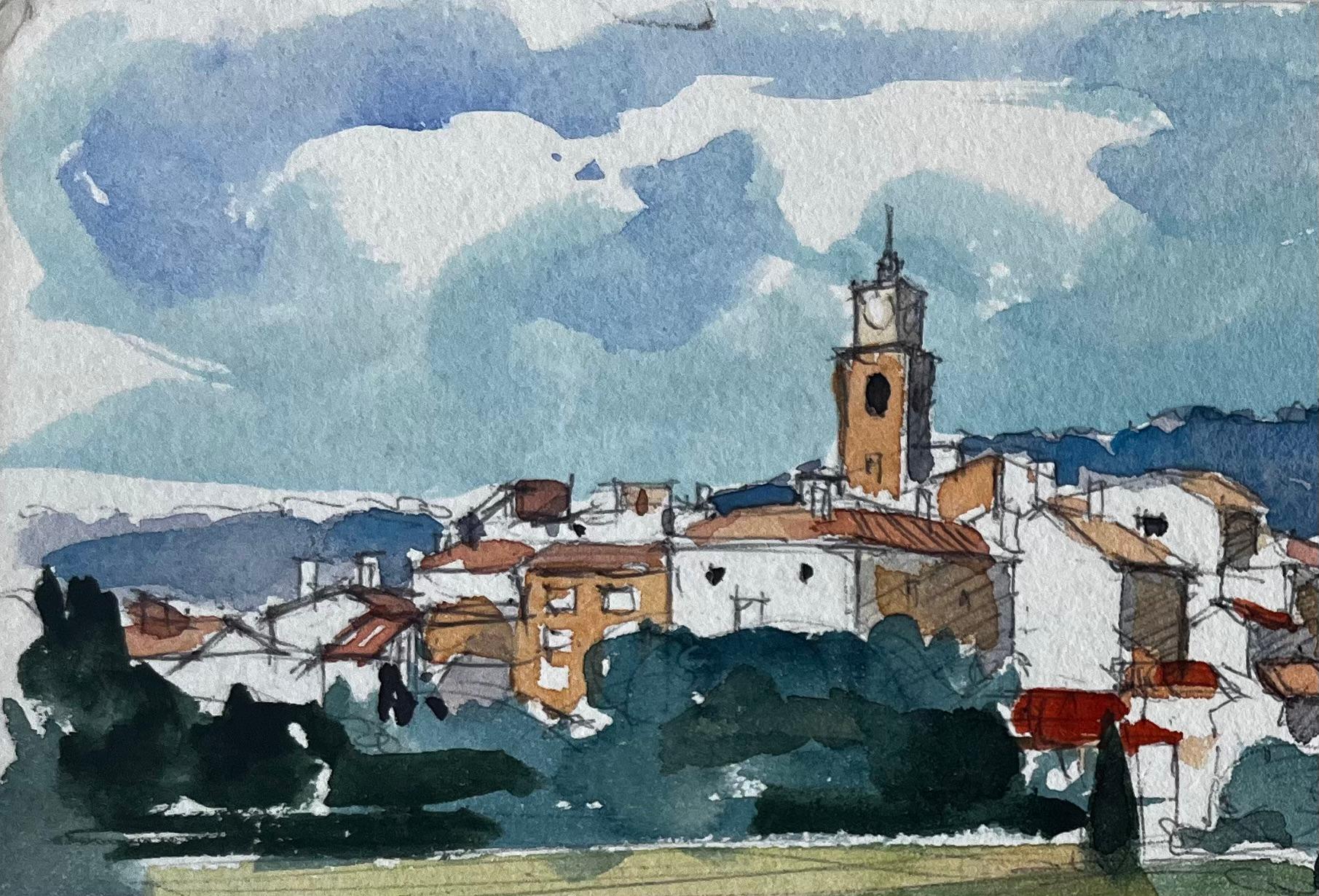 Sablet Village Vista dalla collina Torre della chiesa Vigneti e terra rossa Acquerello - Art Postimpressionismo di Pierre Neveu