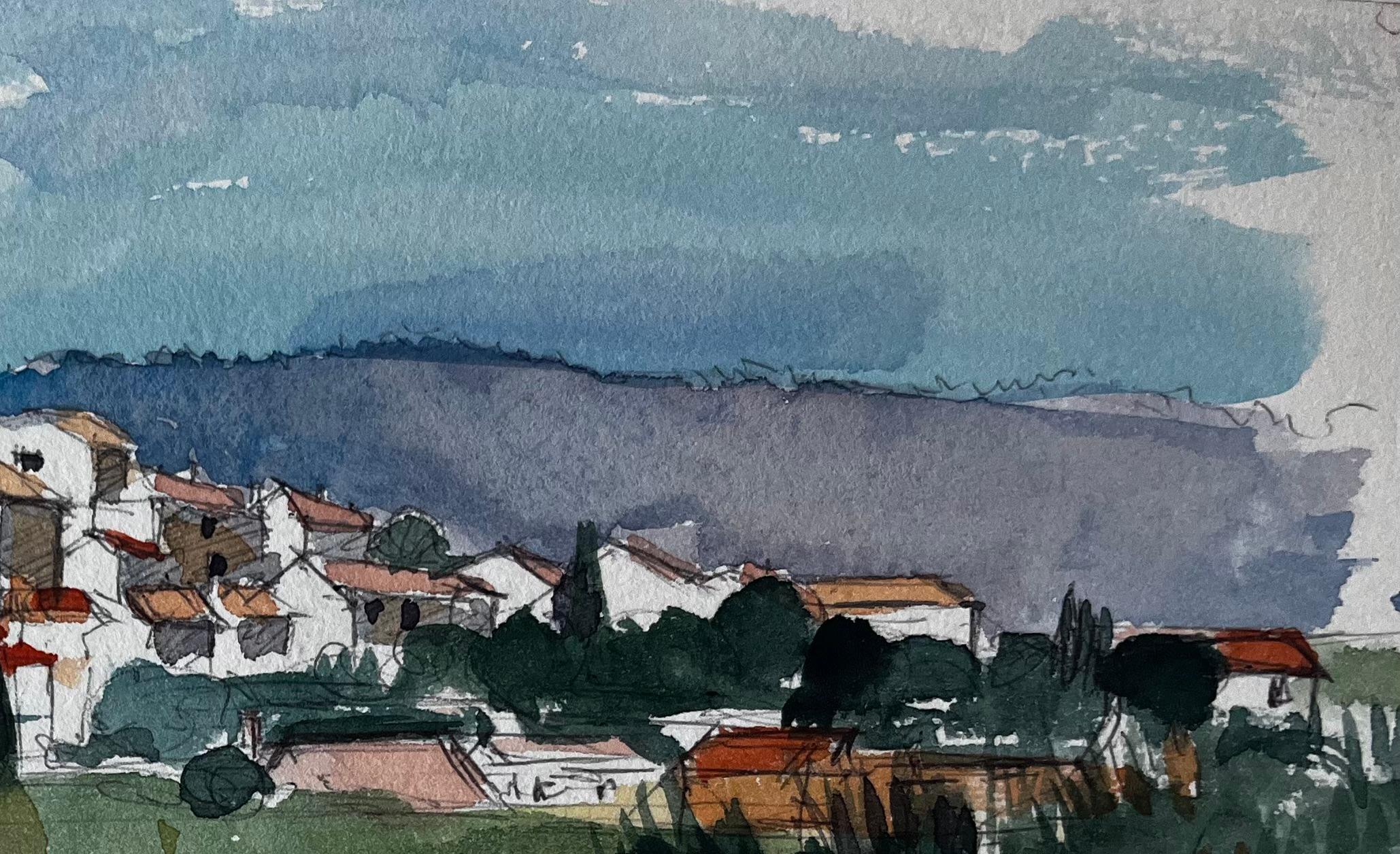Sablet Village Vista dalla collina Torre della chiesa Vigneti e terra rossa Acquerello - Landscape Art Grigio di Pierre Neveu