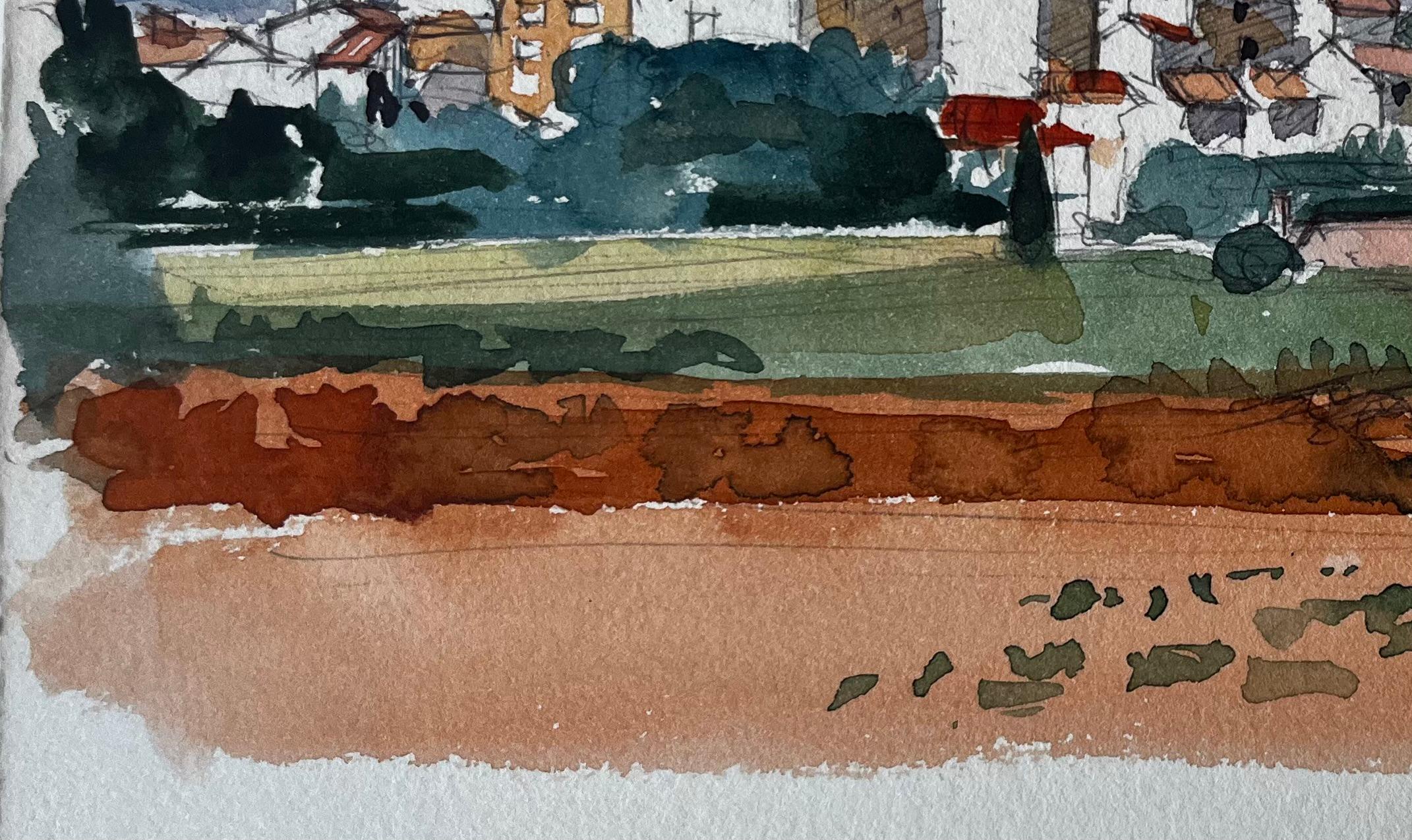 Sablet Village Vista dalla collina Torre della chiesa Vigneti e terra rossa Acquerello in vendita 1