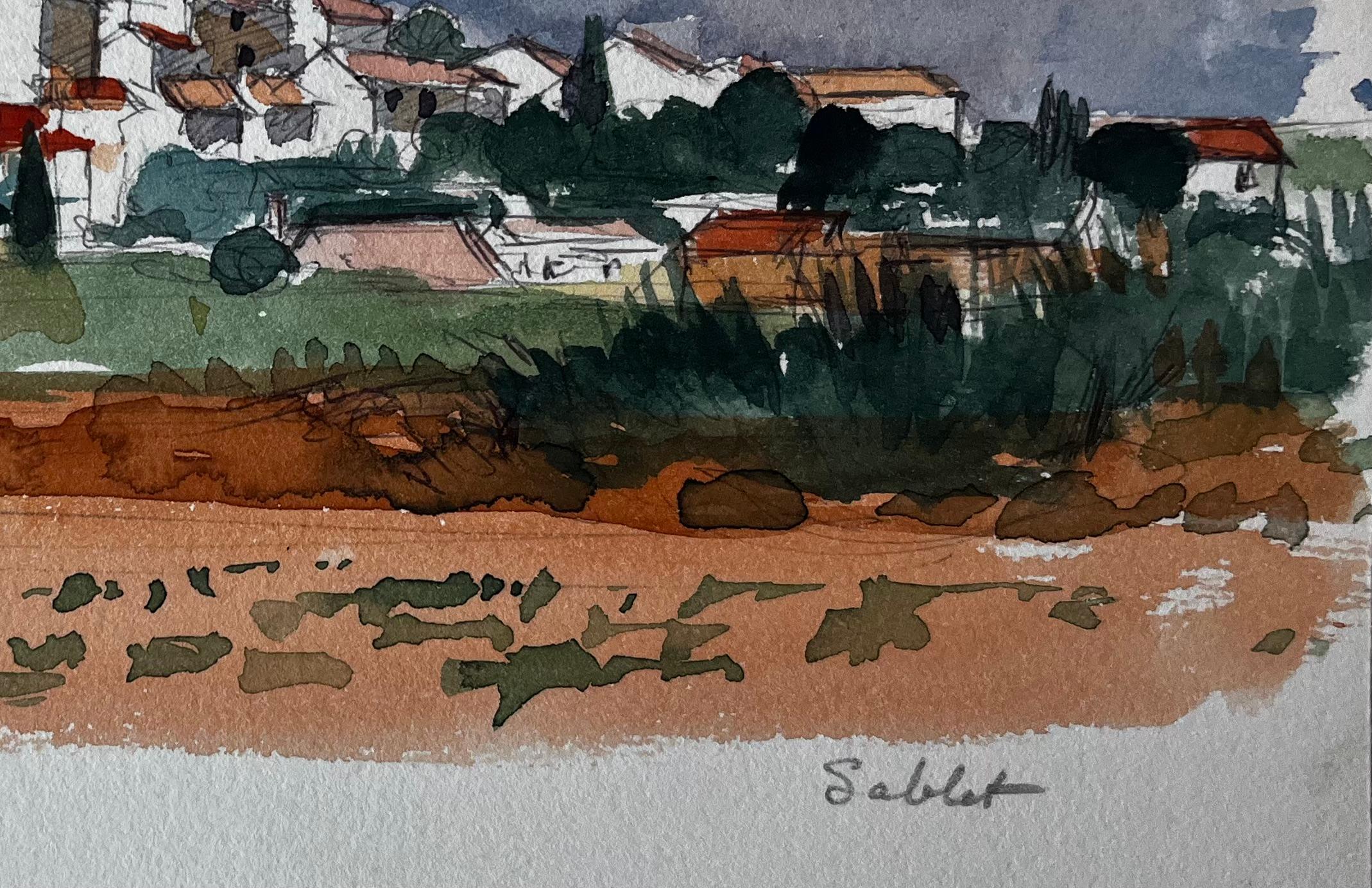 Titolo: Villaggio di Sablet vista dalla collina Torre della chiesa vigneti e terra rossa Acquerello
Artista: Pierre Neveu (francese, nato nel 1929)
Medium: Acquerello su carta d'artista, senza cornice
Dimensioni (H. x L): 6,25 x 9,75