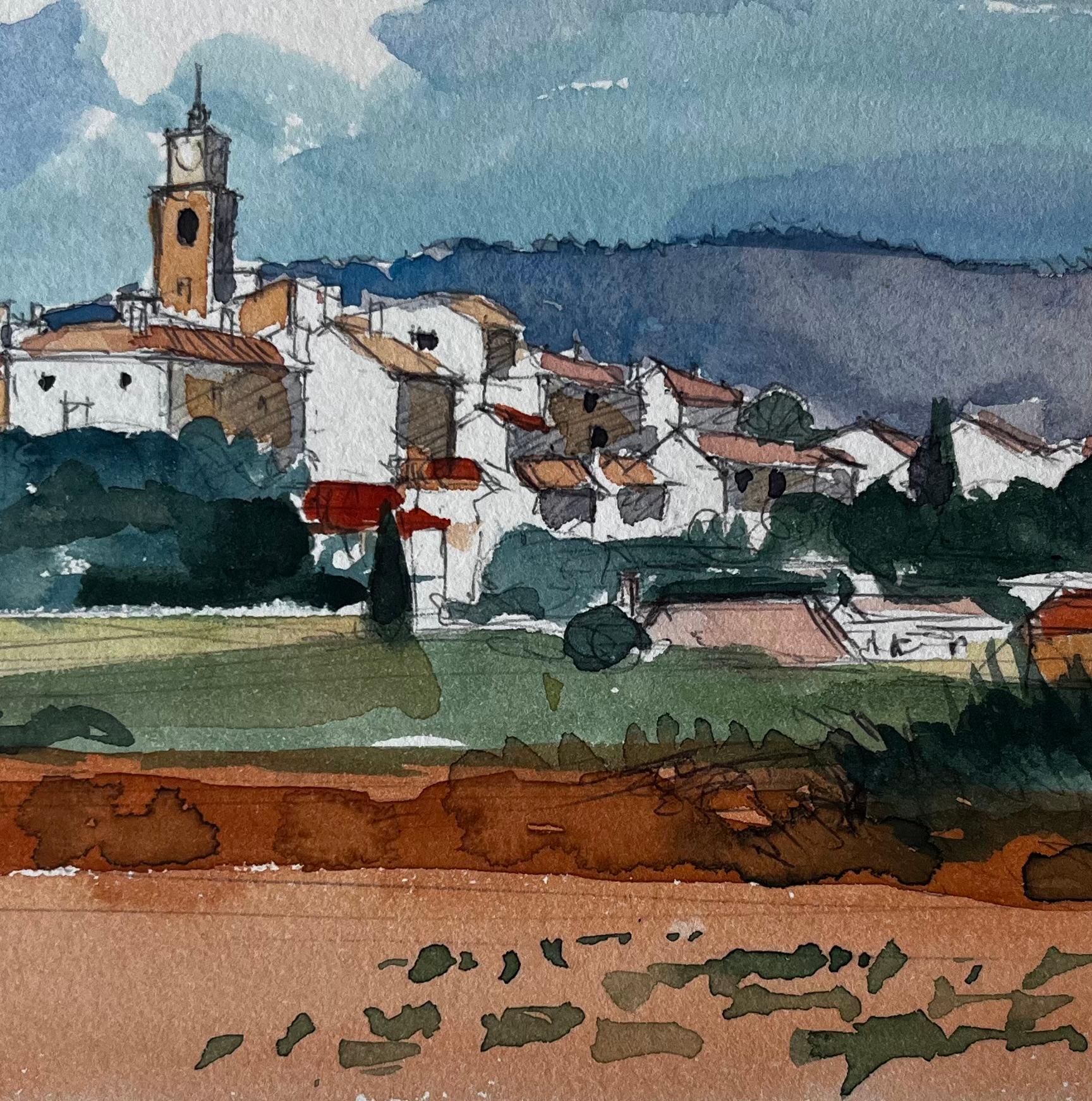 Sablet Village Vista dalla collina Torre della chiesa Vigneti e terra rossa Acquerello in vendita 2