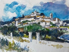 Pueblo en la colina Casas blancas Tejados de terracota Olivos Acuarela Estudio