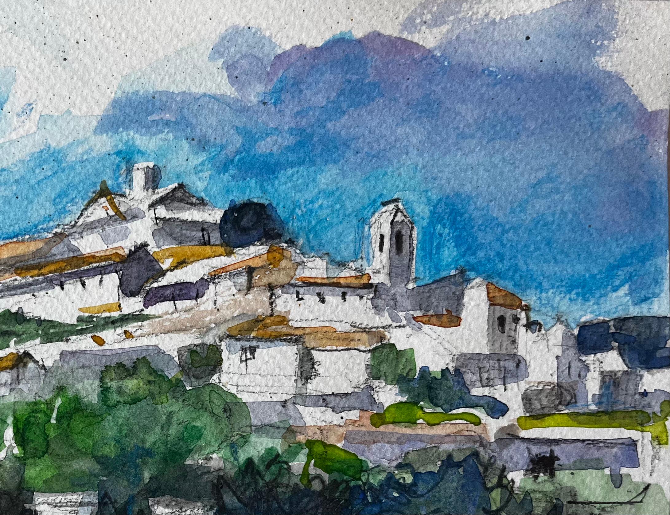 Village sur la colline Maisons blanches Toits en terre cuite Oliviers Étude à l'aquarelle - Post-impressionnisme Painting par Pierre Neveu