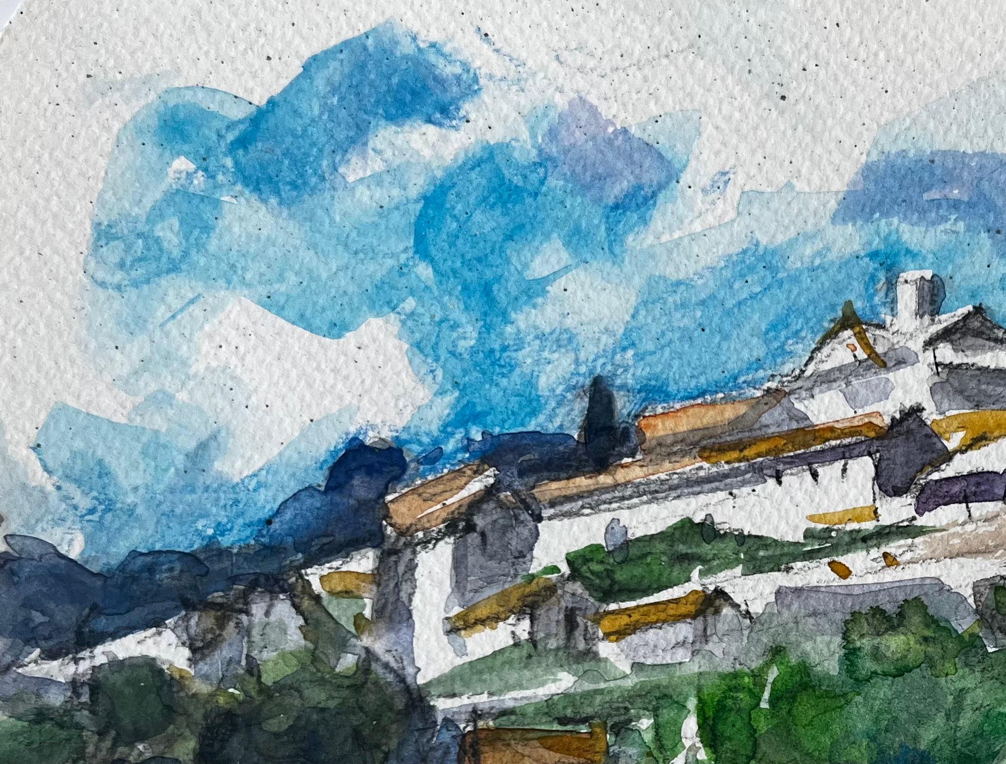 Village sur la colline Maisons blanches Toits en terre cuite Oliviers Étude à l'aquarelle - Gris Landscape Painting par Pierre Neveu