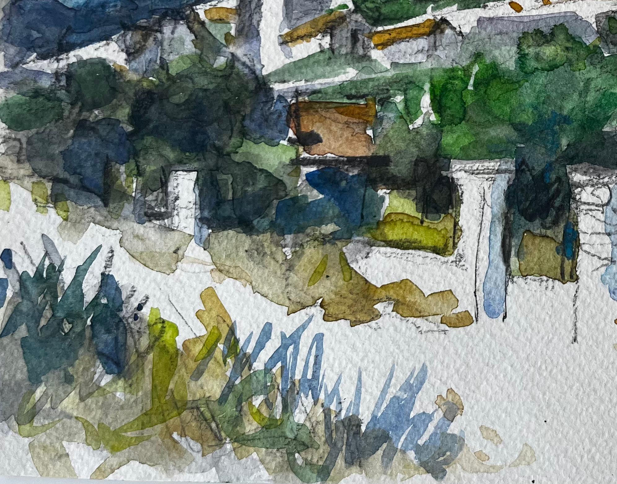 Village sur la colline Maisons blanches Toits en terre cuite Oliviers Étude à l'aquarelle en vente 1