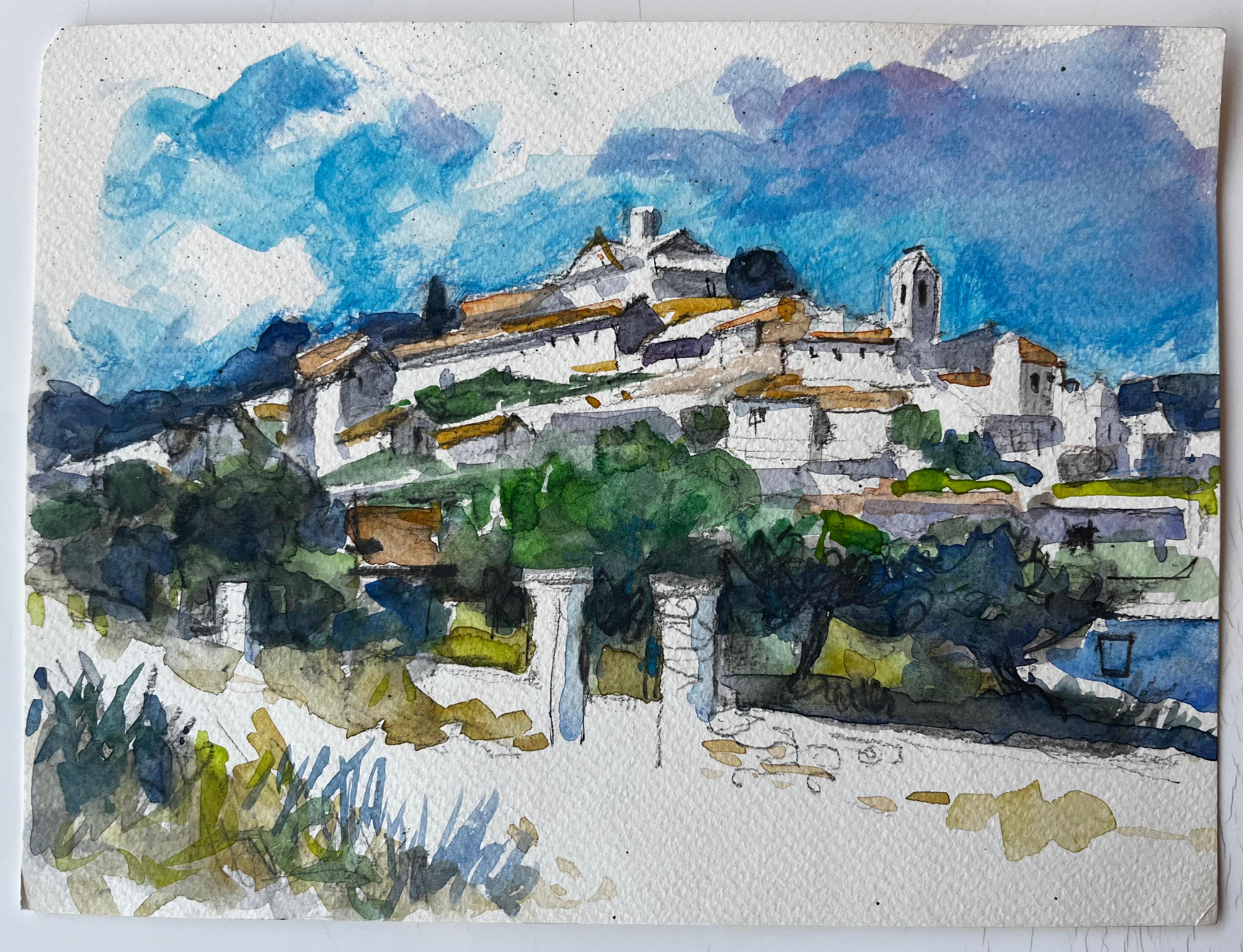 Village sur la colline Maisons blanches Toits en terre cuite Oliviers Étude à l'aquarelle - Painting de Pierre Neveu