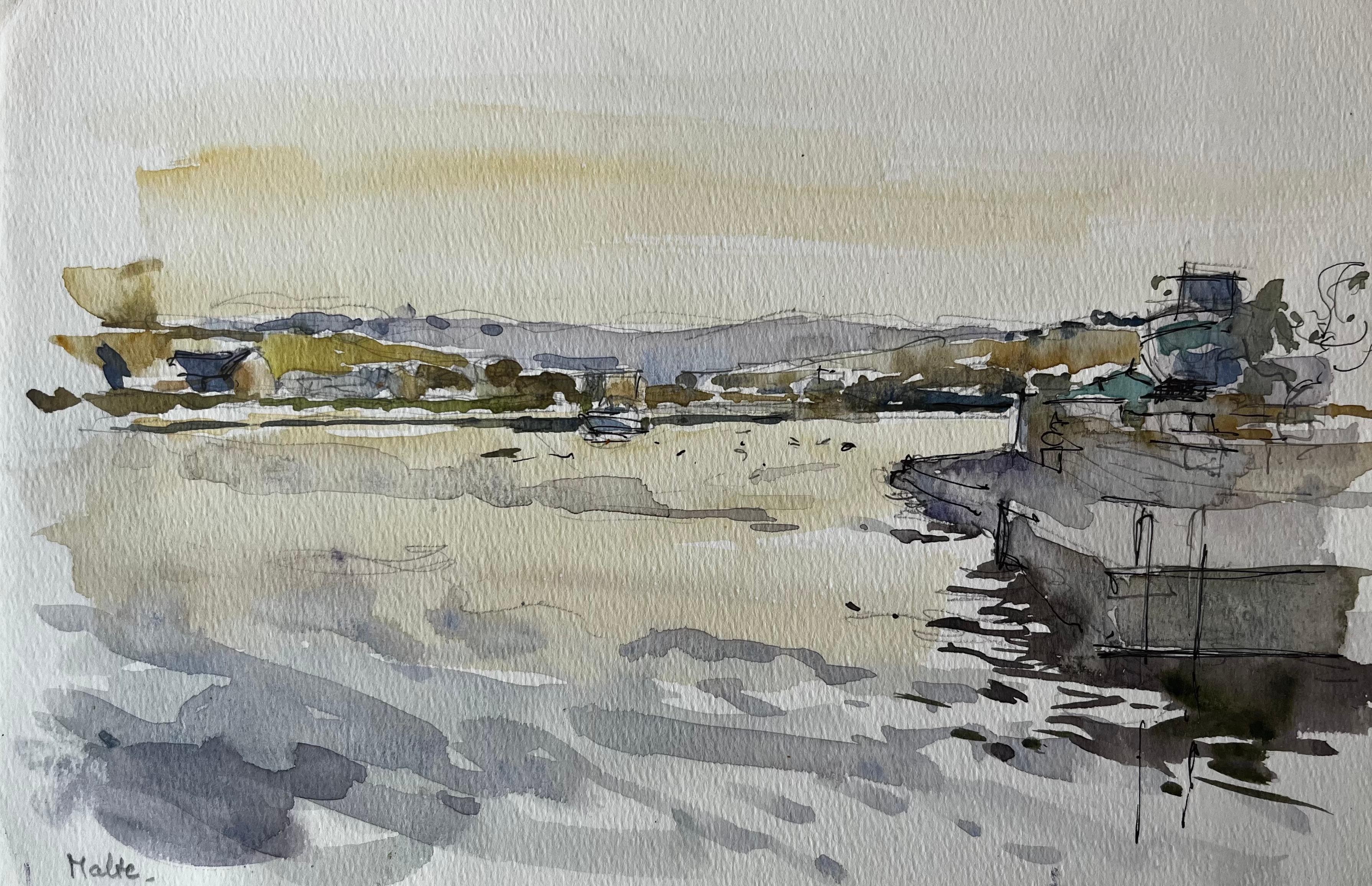 Malta Porto Paesaggio Barche Riflessi Morbido Tramonto Studio all
acquerello