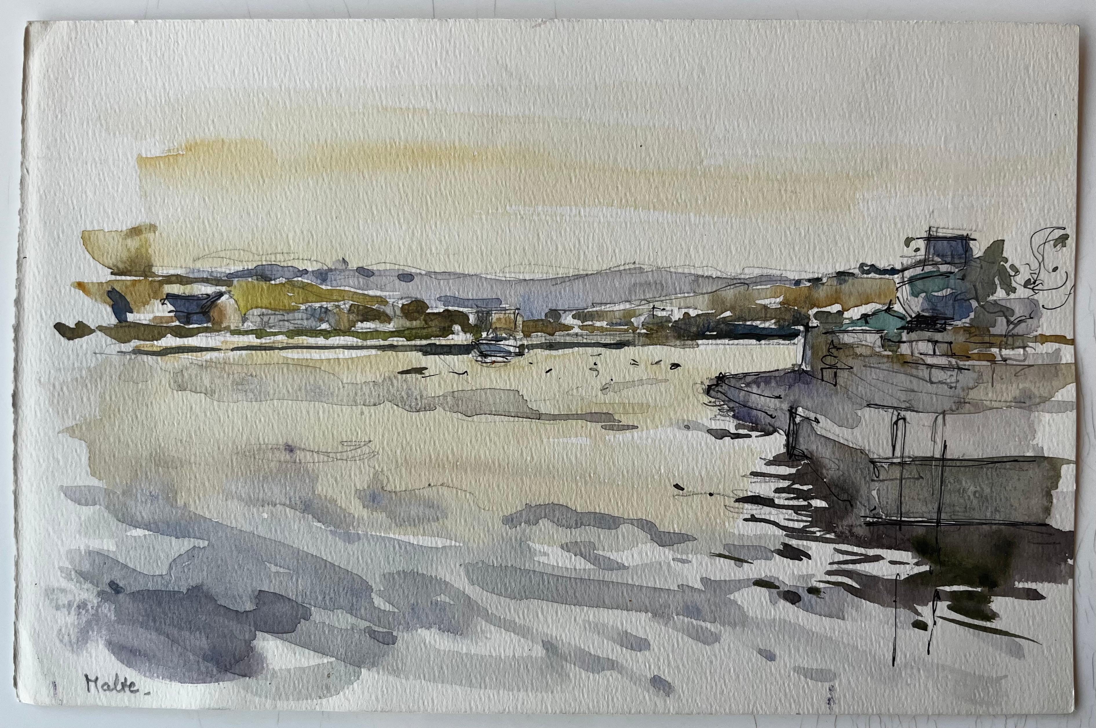 Malte Port Paysage Bateaux Réflexions Douceur Coucher de soleil Aquarelle Étude - Painting de Pierre Neveu