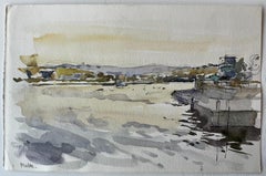 Malta Paisaje Portuario Barcos Reflejos Suave Atardecer Estudio Acuarela