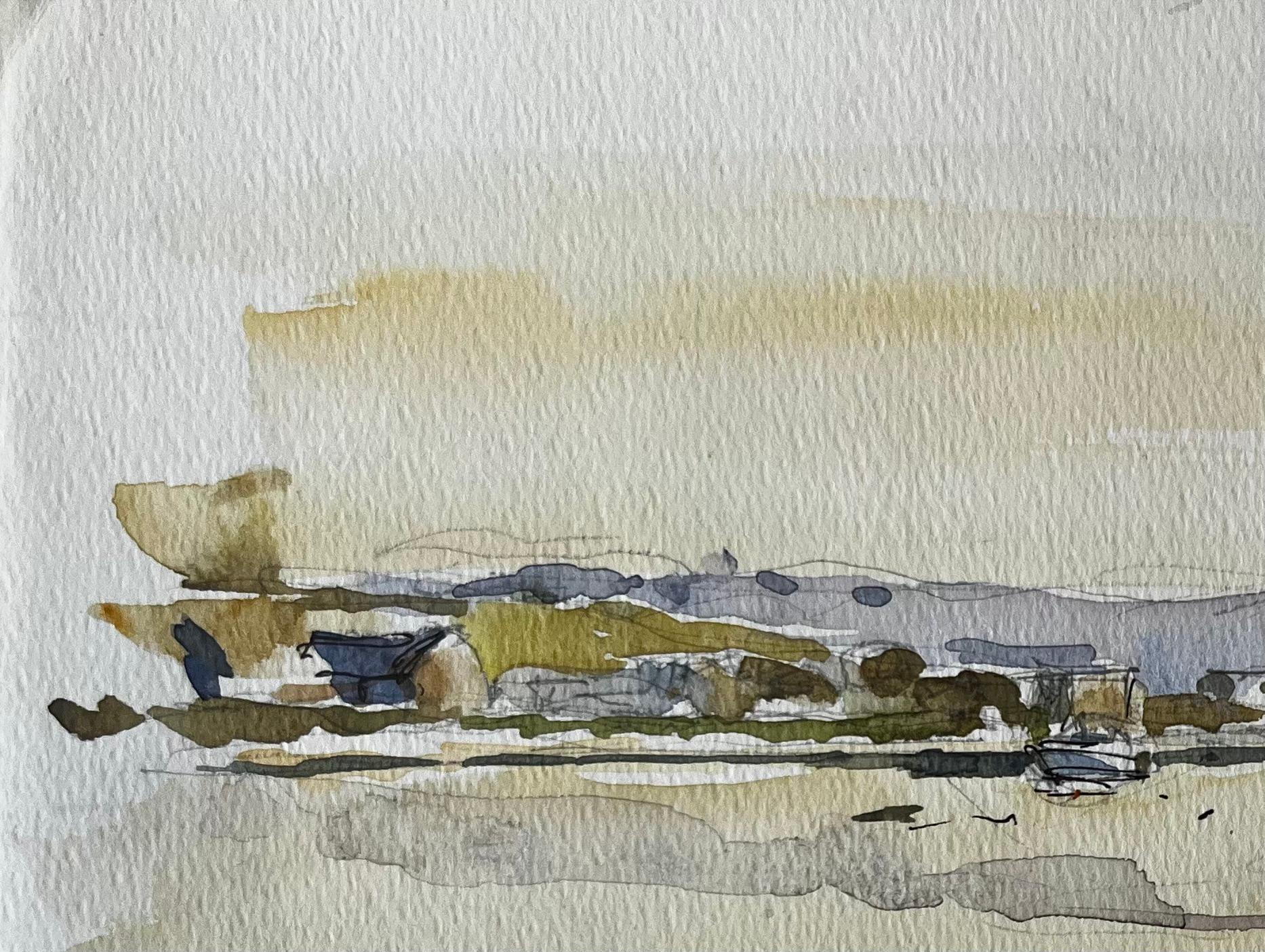 Malte Port Paysage Bateaux Réflexions Douceur Coucher de soleil Aquarelle Étude - Gris Landscape Painting par Pierre Neveu