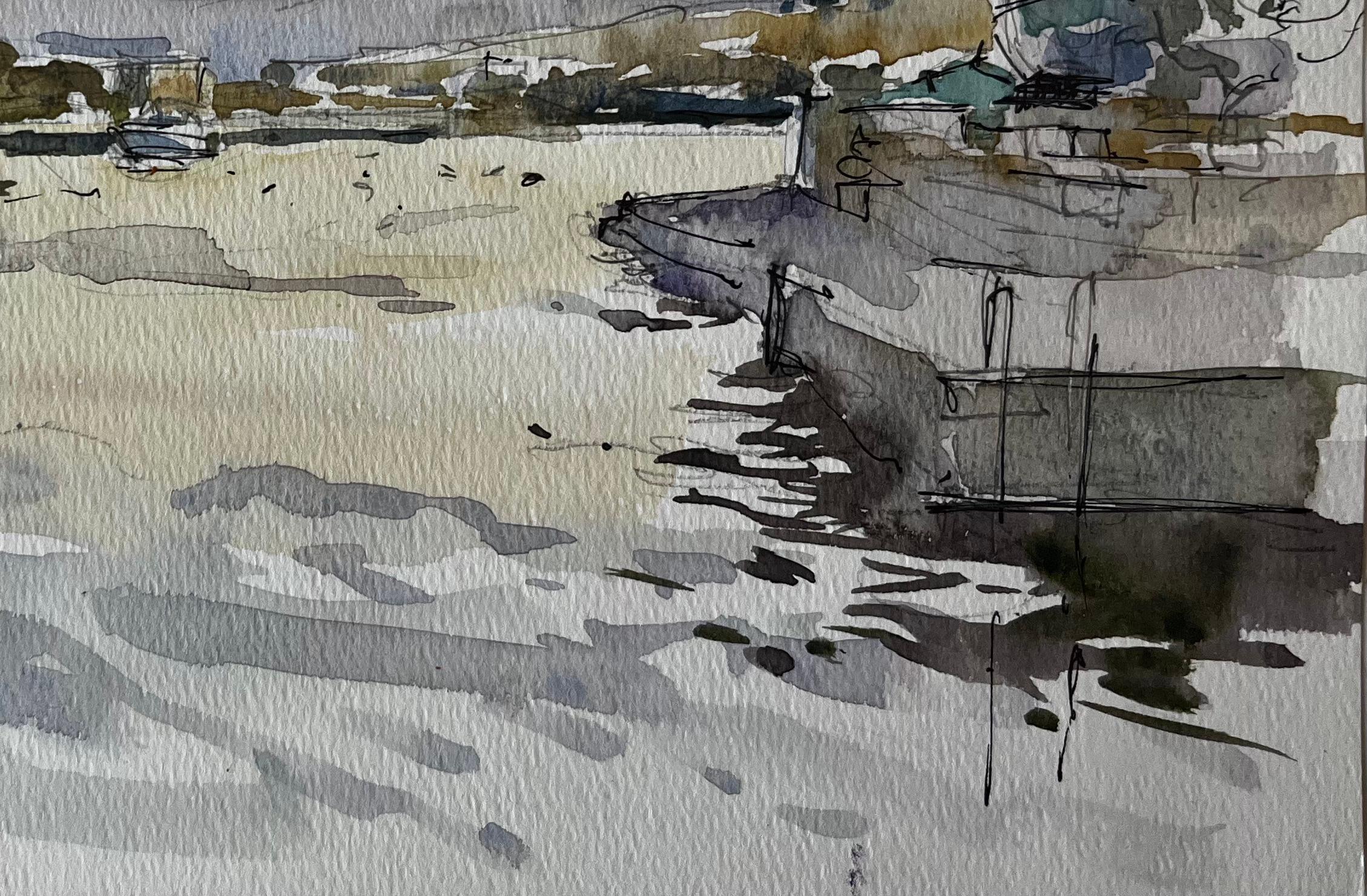 Malte Port Paysage Bateaux Réflexions Douceur Coucher de soleil Aquarelle Étude en vente 1