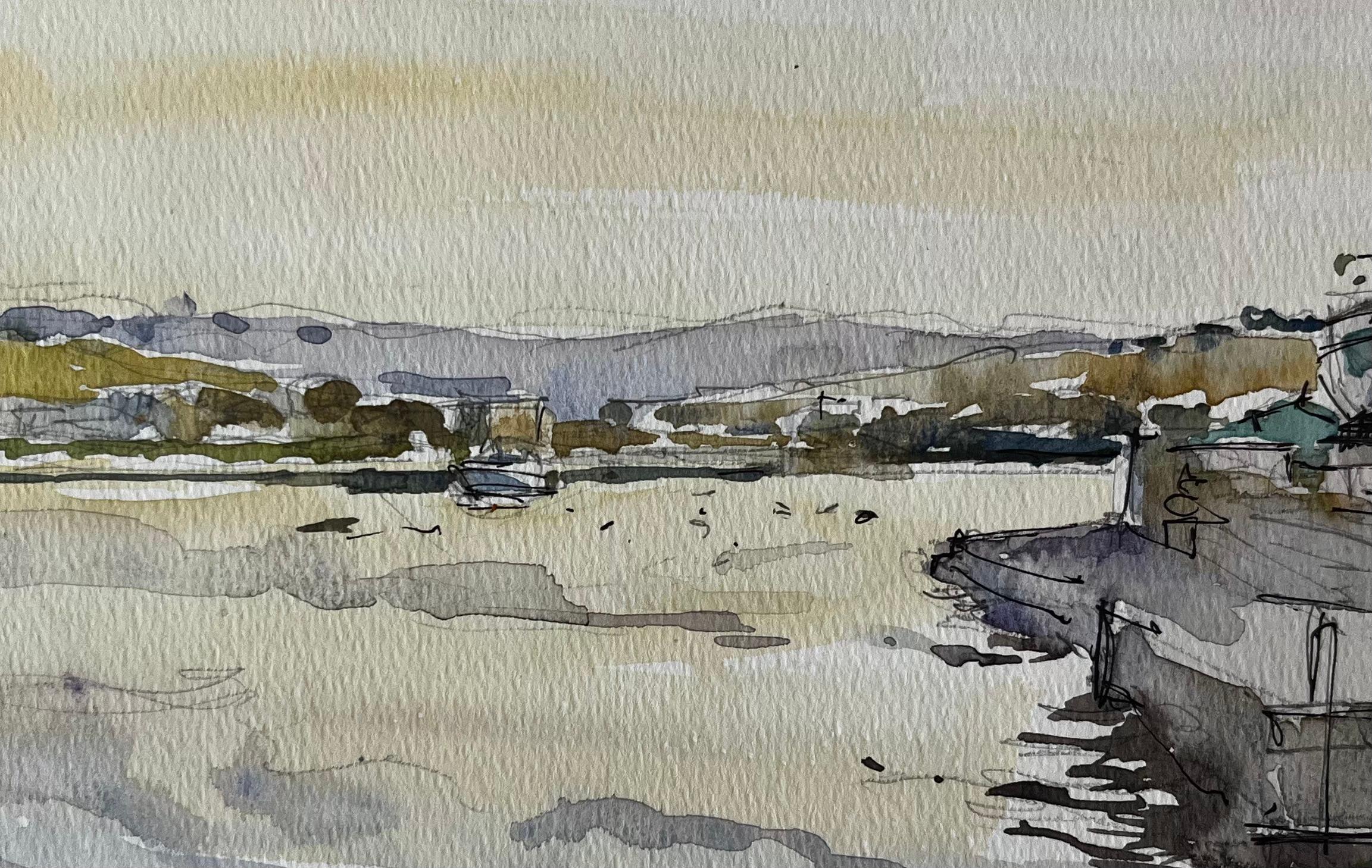 Malte Port Paysage Bateaux Réflexions Douceur Coucher de soleil Aquarelle Étude en vente 2