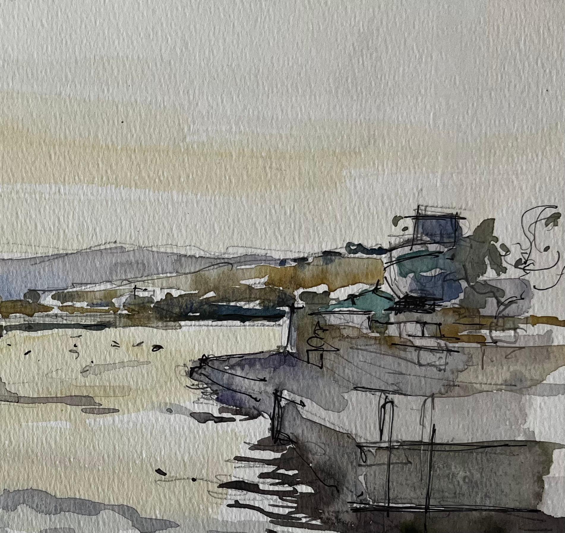 Malte Port Paysage Bateaux Réflexions Douceur Coucher de soleil Aquarelle Étude - Post-impressionnisme Painting par Pierre Neveu