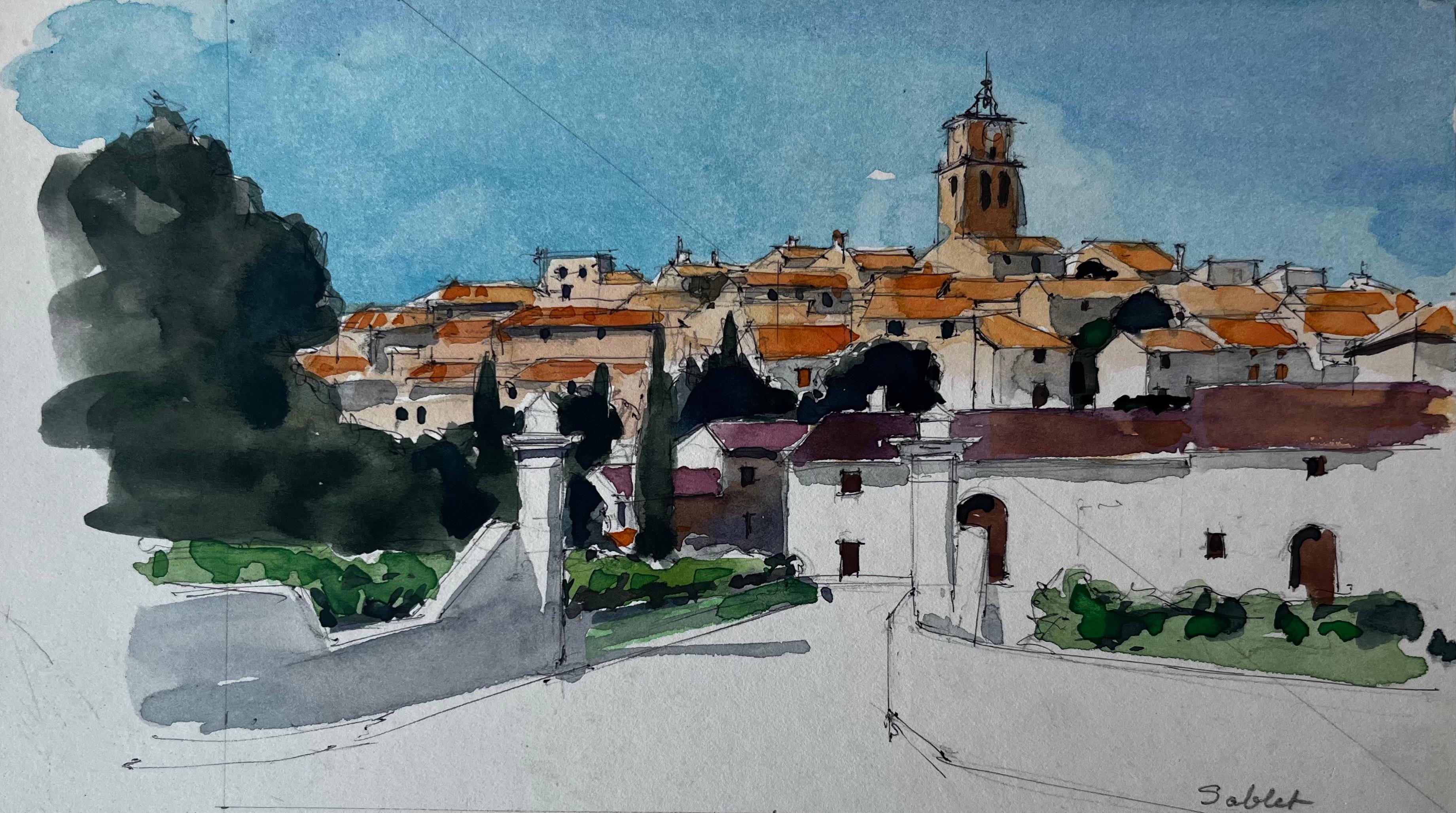 Sablet Village Vista dalla collina Torre della chiesa Tetti arancioni Provenza Studio ad acquerello