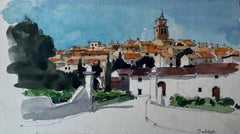 Pueblo de Sablet Vista de la colina Torre de la iglesia Tejados de naranjos Provenza Estudio de acuarela