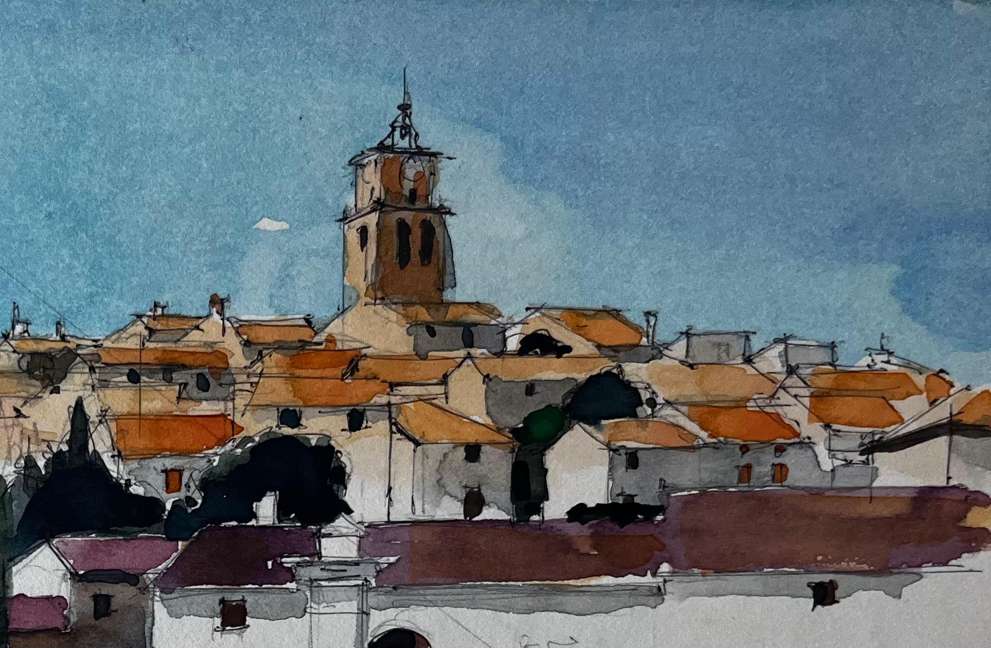 Sablet Village Vue de la colline Tour de l'église Toits d'orangers Provence Aquarelle Étude - Post-impressionnisme Art par Pierre Neveu