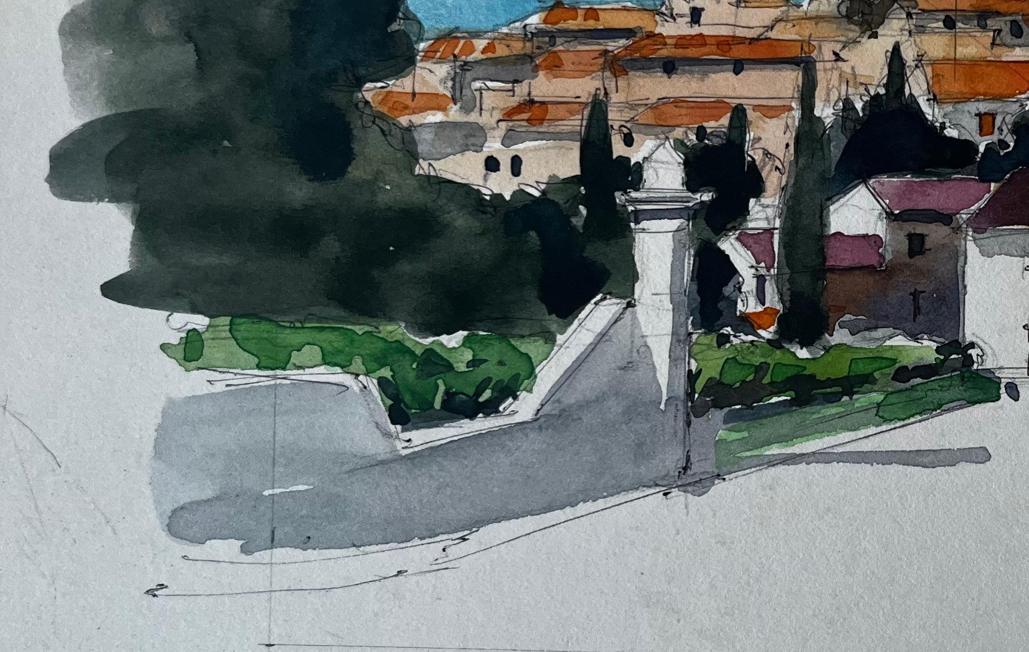 Sablet Village Vue de la colline Tour de l'église Toits d'orangers Provence Aquarelle Étude en vente 1