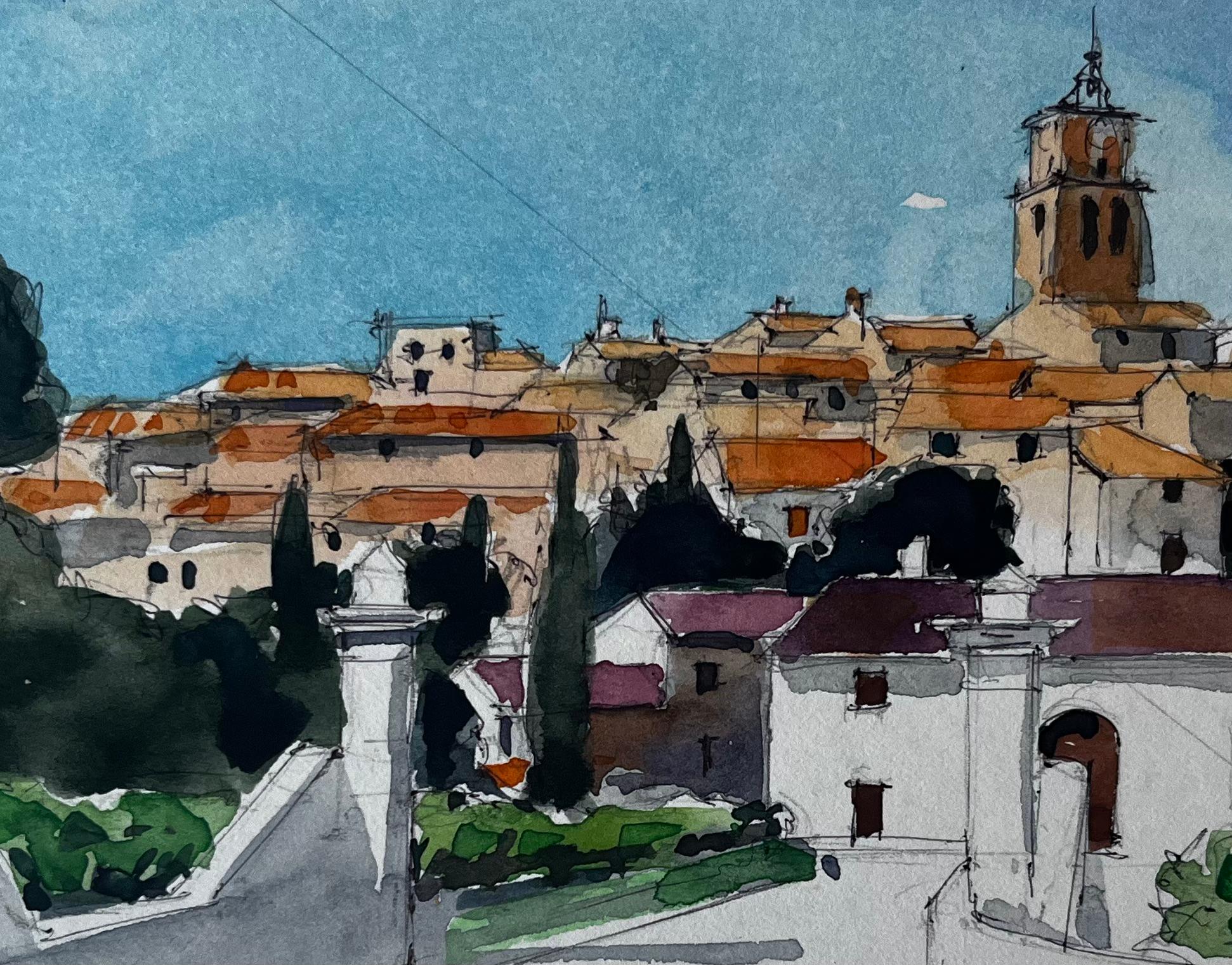 Sablet Village Vue de la colline Tour de l'église Toits d'orangers Provence Aquarelle Étude en vente 2