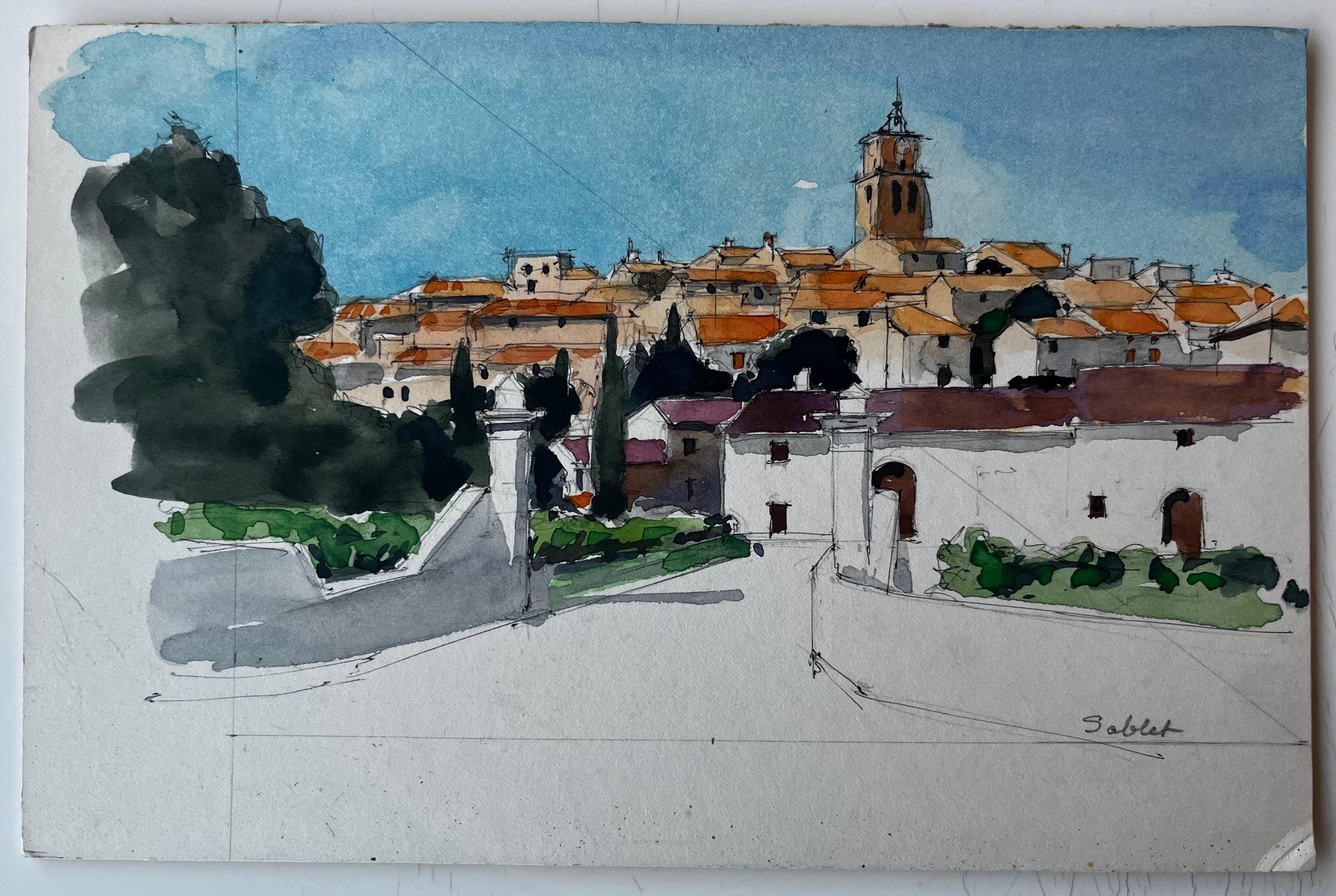 Sablet Village Vue de la colline Tour de l'église Toits d'orangers Provence Aquarelle Étude - Art de Pierre Neveu