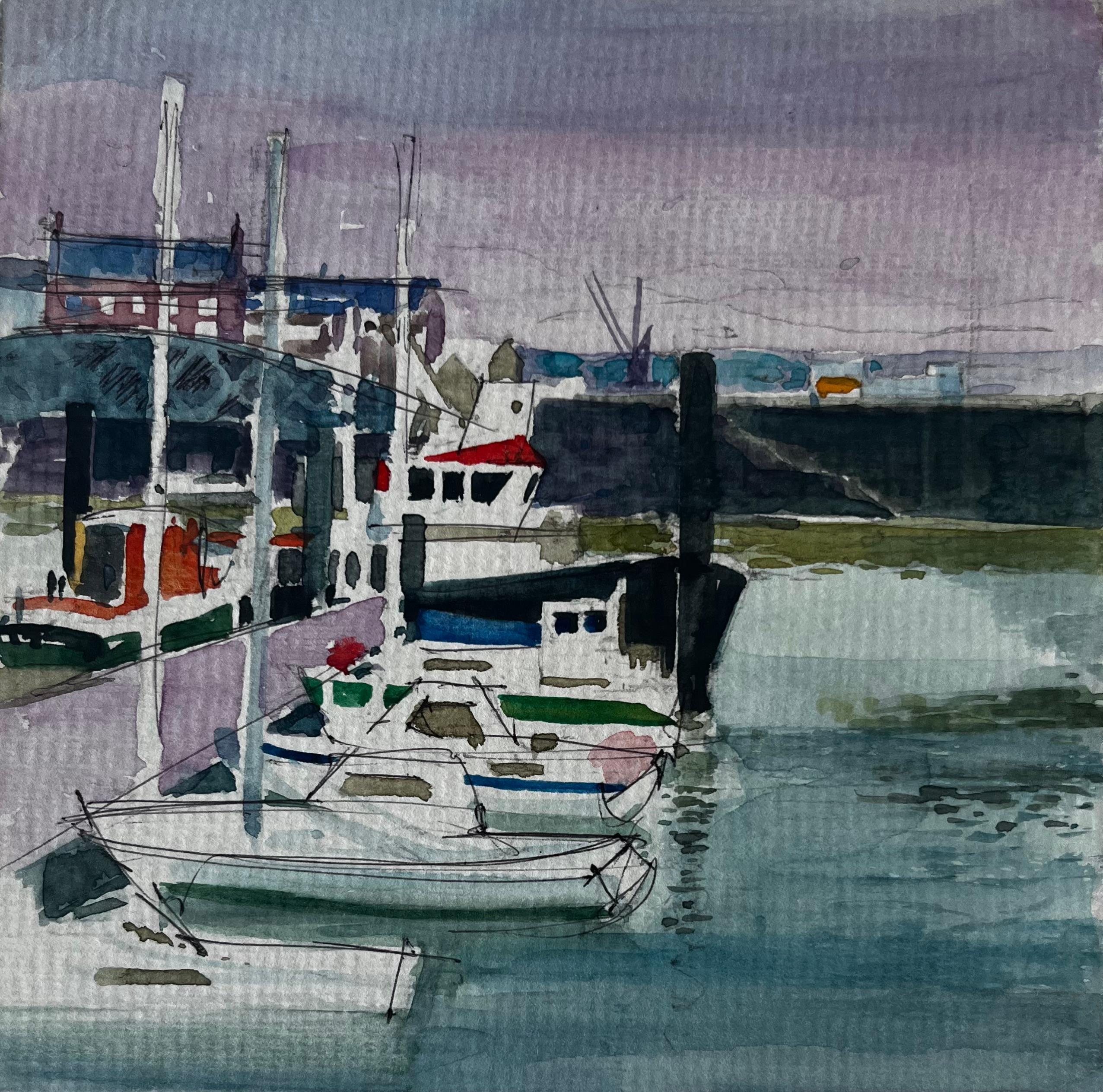 Landscape Painting Pierre Neveu - Bateaux du port Réflexions sur les quais Dieppe Aquarelle