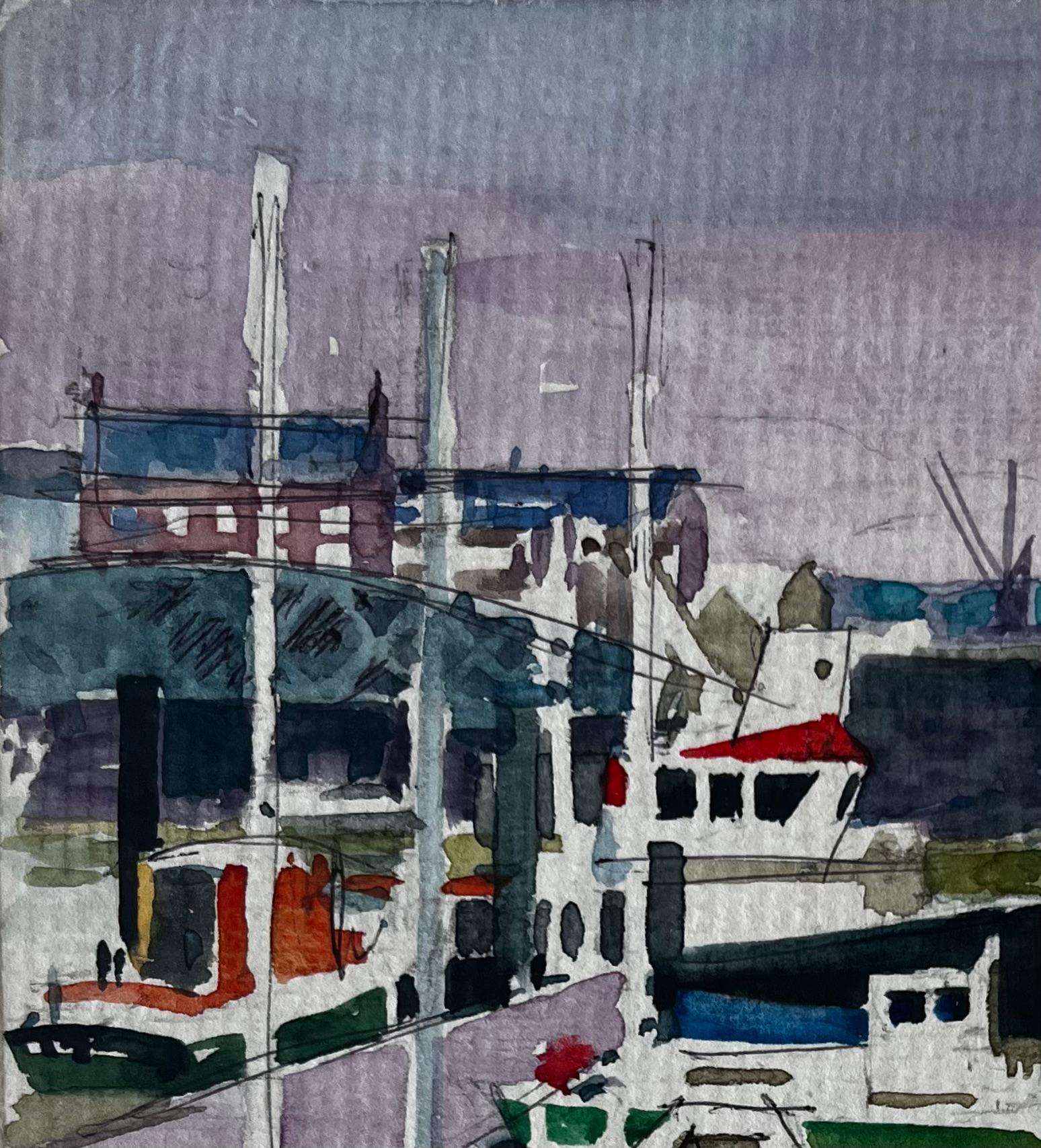 Bateaux du port Réflexions sur les quais Dieppe Aquarelle - Post-impressionnisme Painting par Pierre Neveu