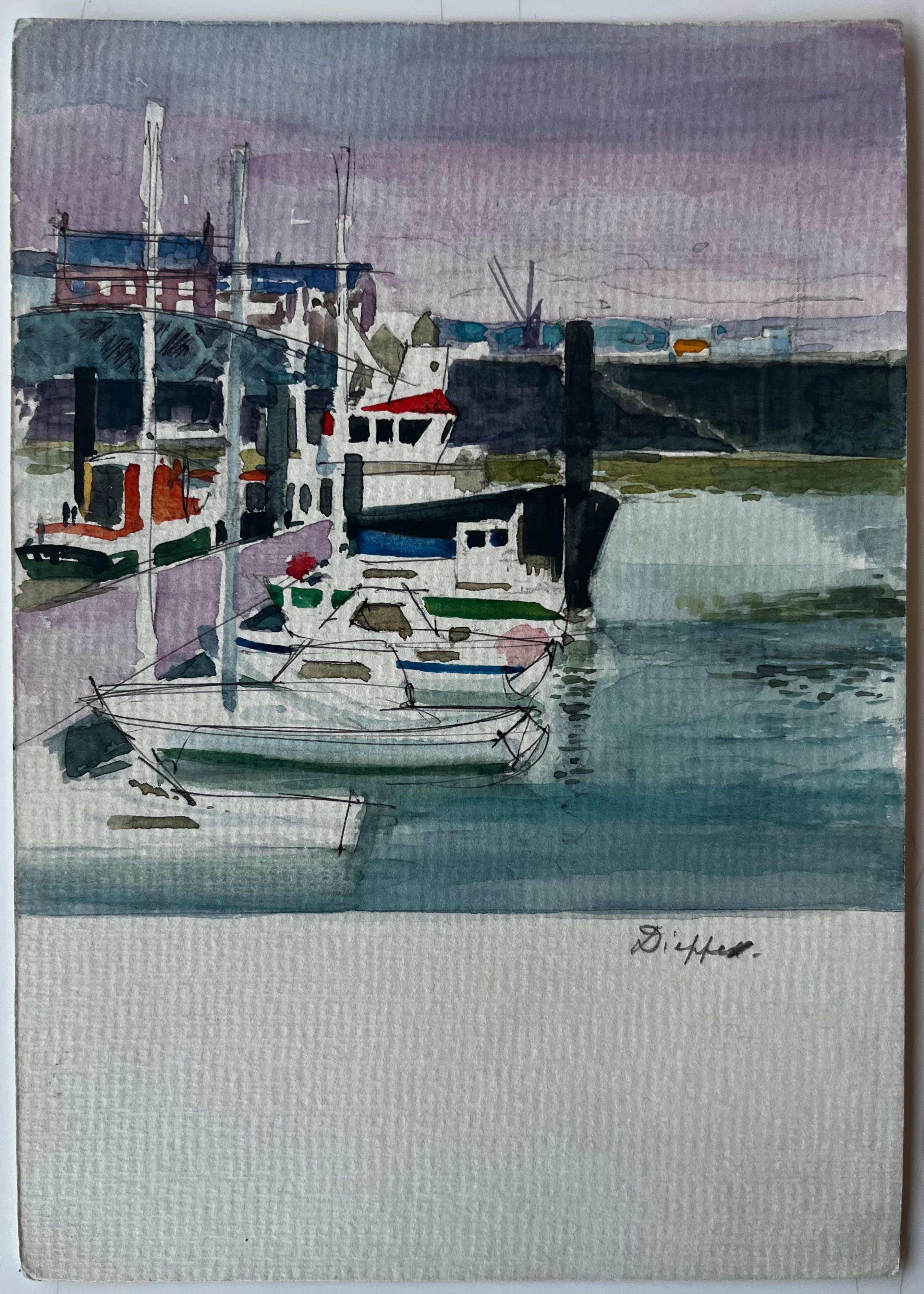 Bateaux du port Réflexions sur les quais Dieppe Aquarelle - Painting de Pierre Neveu