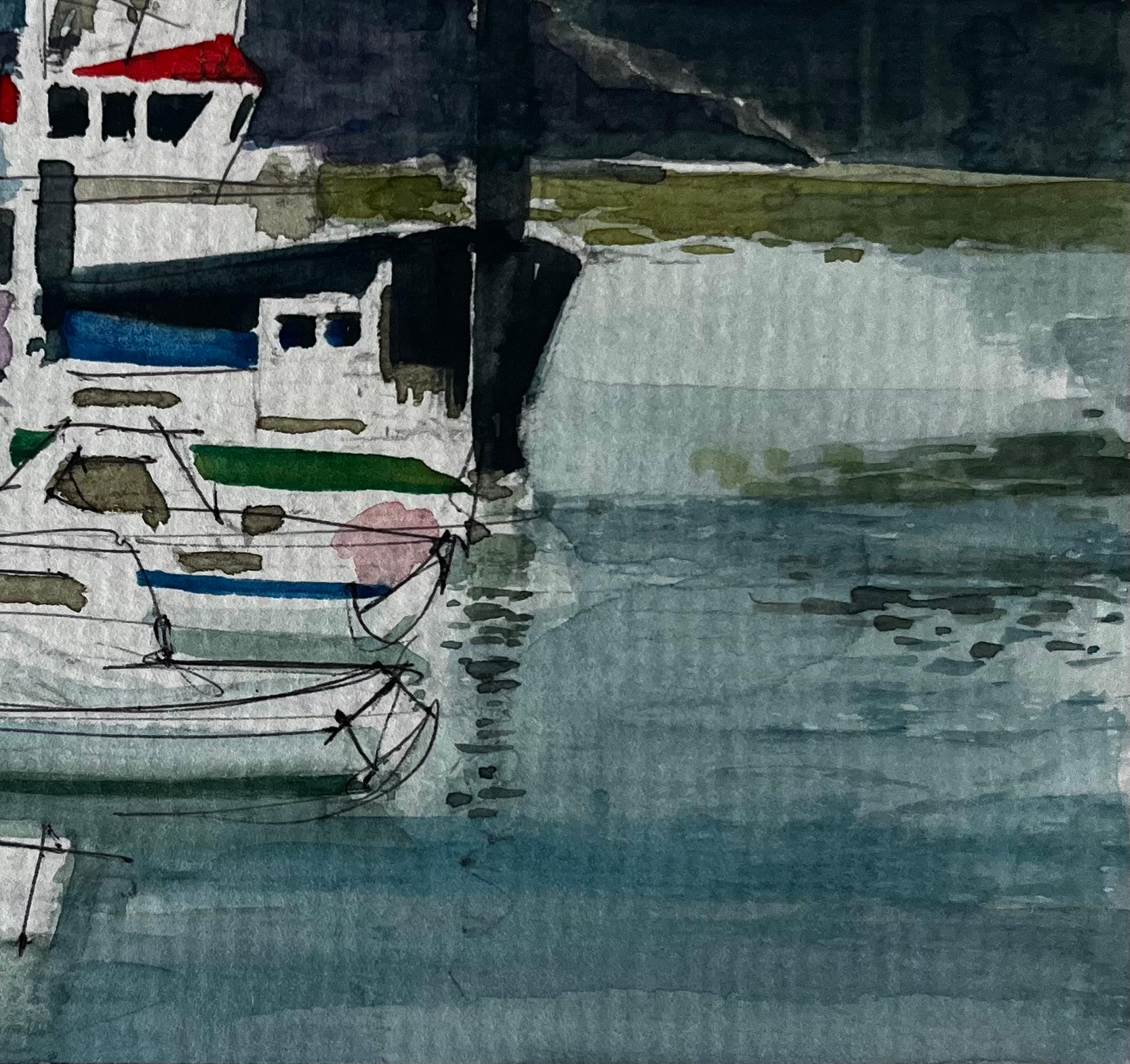 Titre : Bateaux du port Réflexions sur le quai Dieppe Aquarelle
Artistics : Pierre Neveu (français né en 1929)
Support : Aquarelle sur carte, non encadrée
Taille (H x L) : 8.75 x 6 pouces
Inscription en bas à droite : 