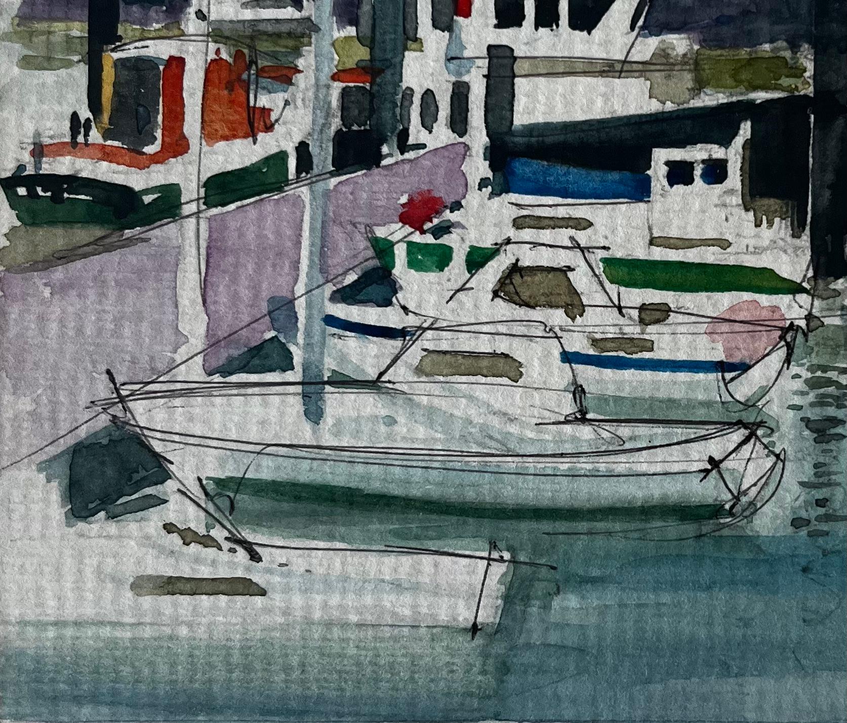 Bateaux du port Réflexions sur les quais Dieppe Aquarelle en vente 1