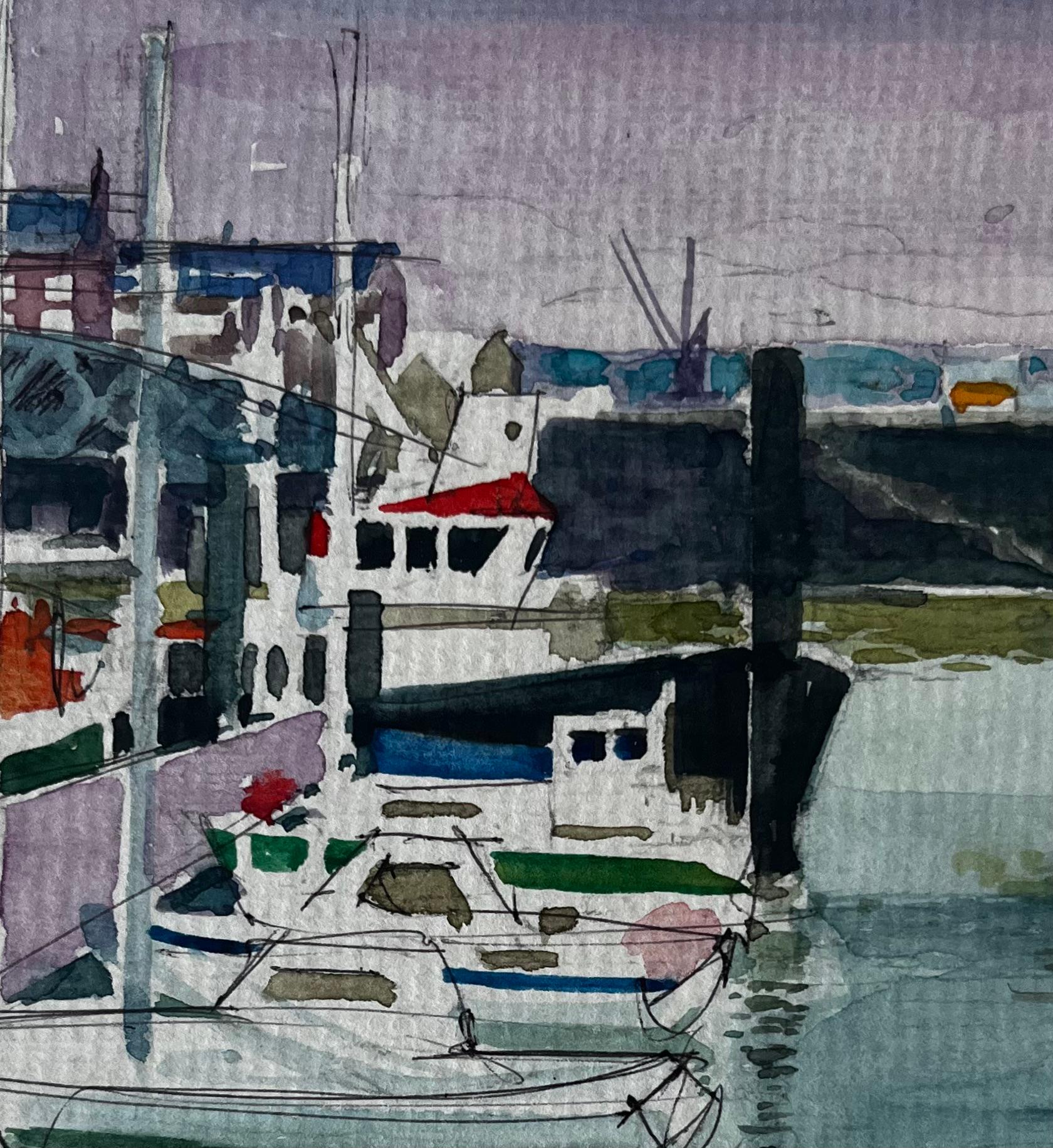Bateaux du port Réflexions sur les quais Dieppe Aquarelle en vente 2