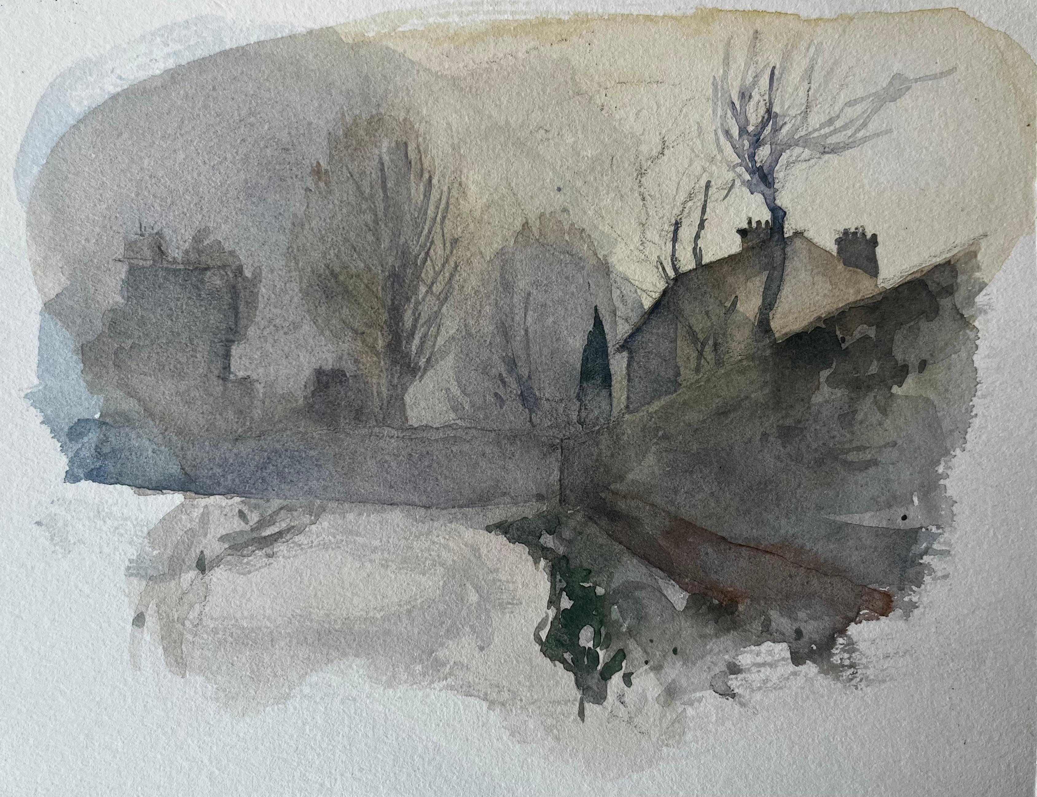 Paesaggio urbano invernale Case alberi e strada nebbiosa Acquerello