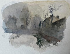 Paisaje urbano invernal Casas Árboles y calle brumosa Acuarela