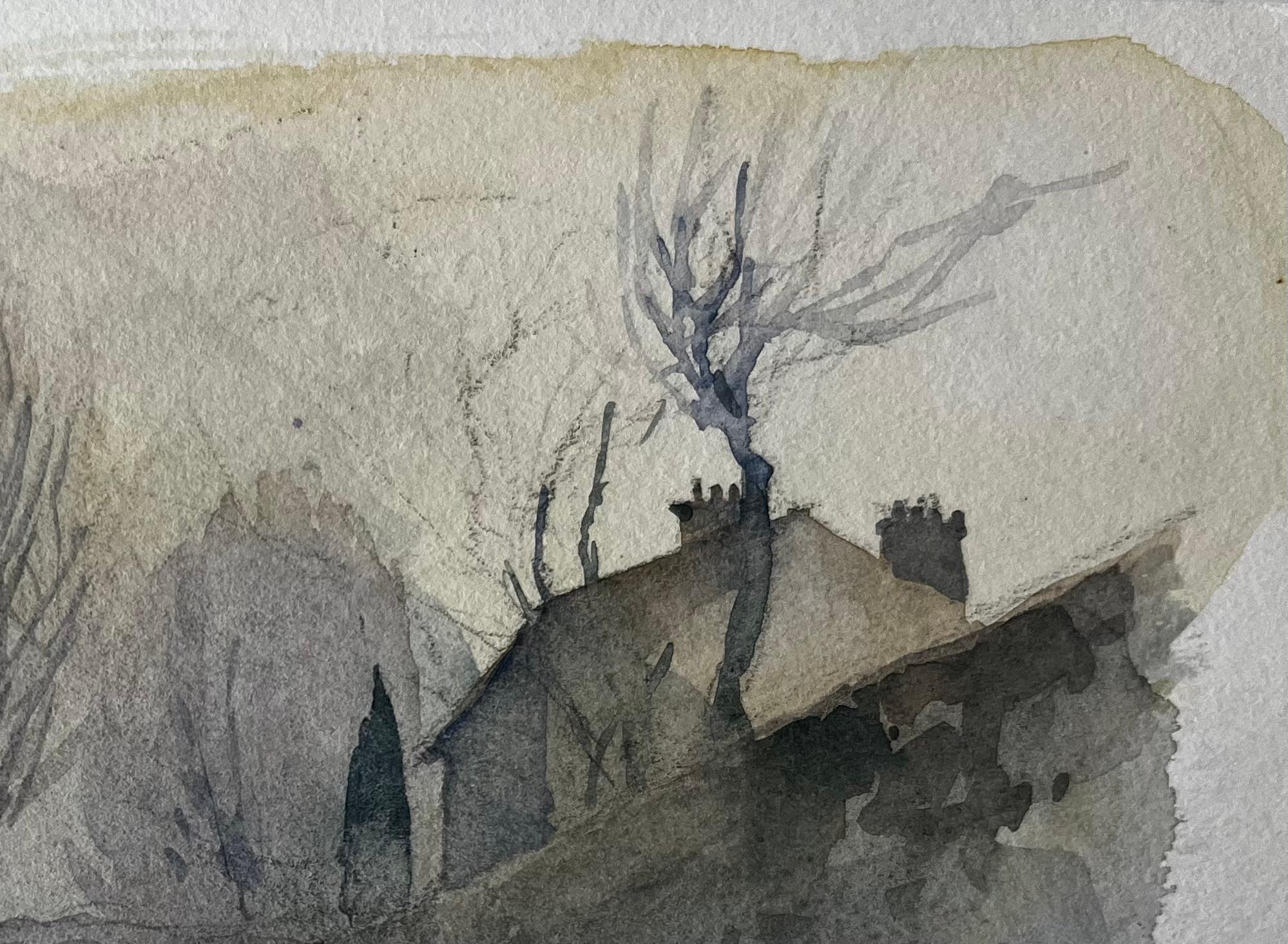 Paesaggio urbano invernale Case alberi e strada nebbiosa Acquerello - Art Postimpressionismo di Pierre Neveu