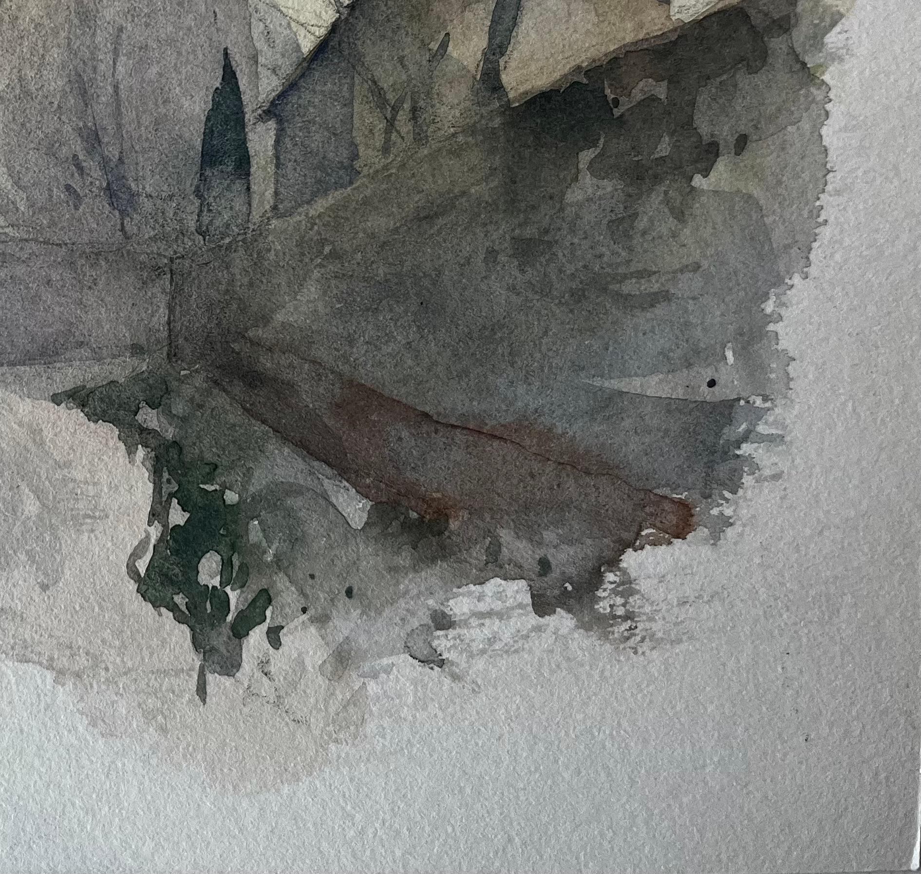 Paesaggio urbano invernale Case alberi e strada nebbiosa Acquerello - Landscape Art Grigio di Pierre Neveu