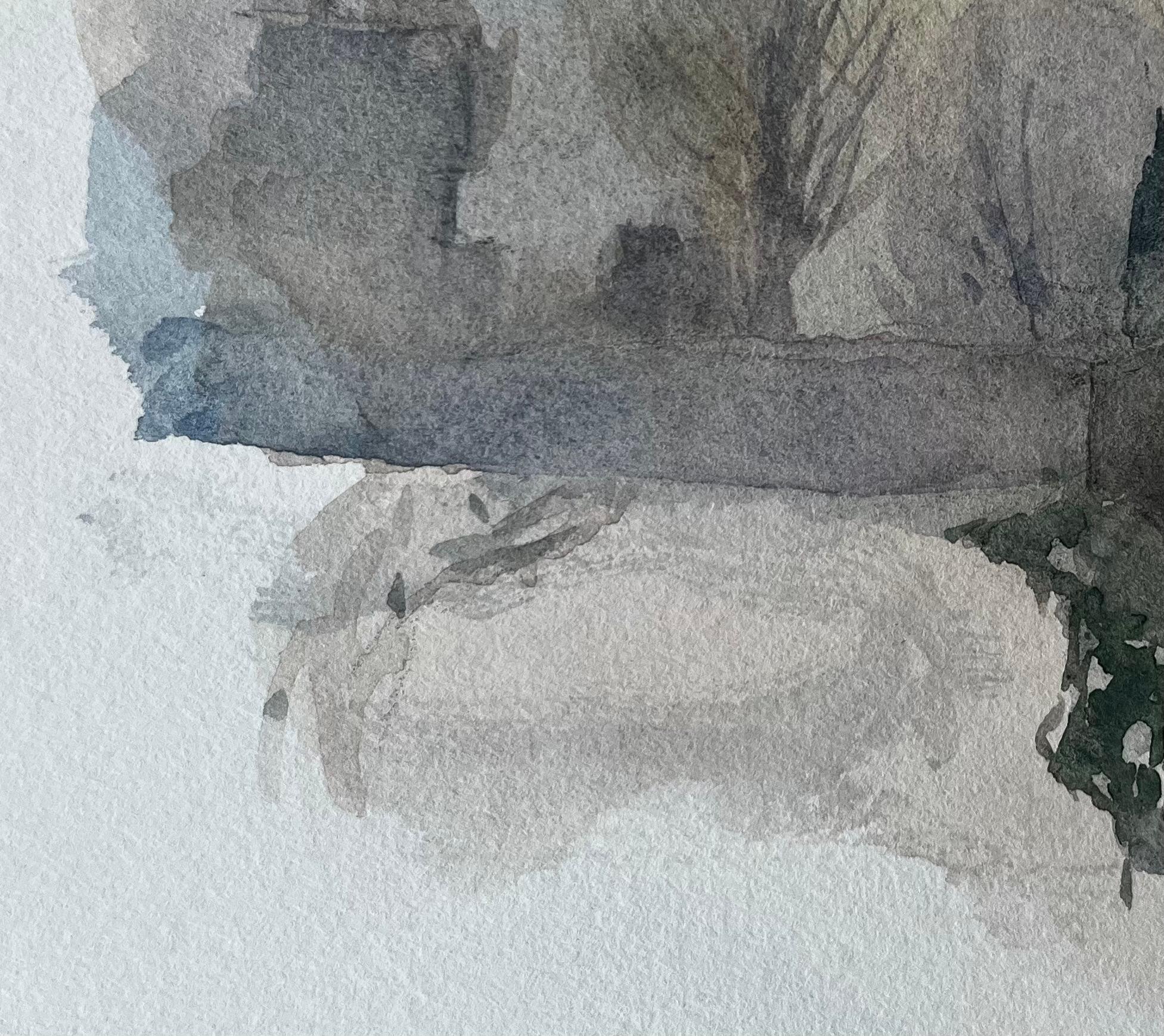 Paesaggio urbano invernale Case alberi e strada nebbiosa Acquerello in vendita 1