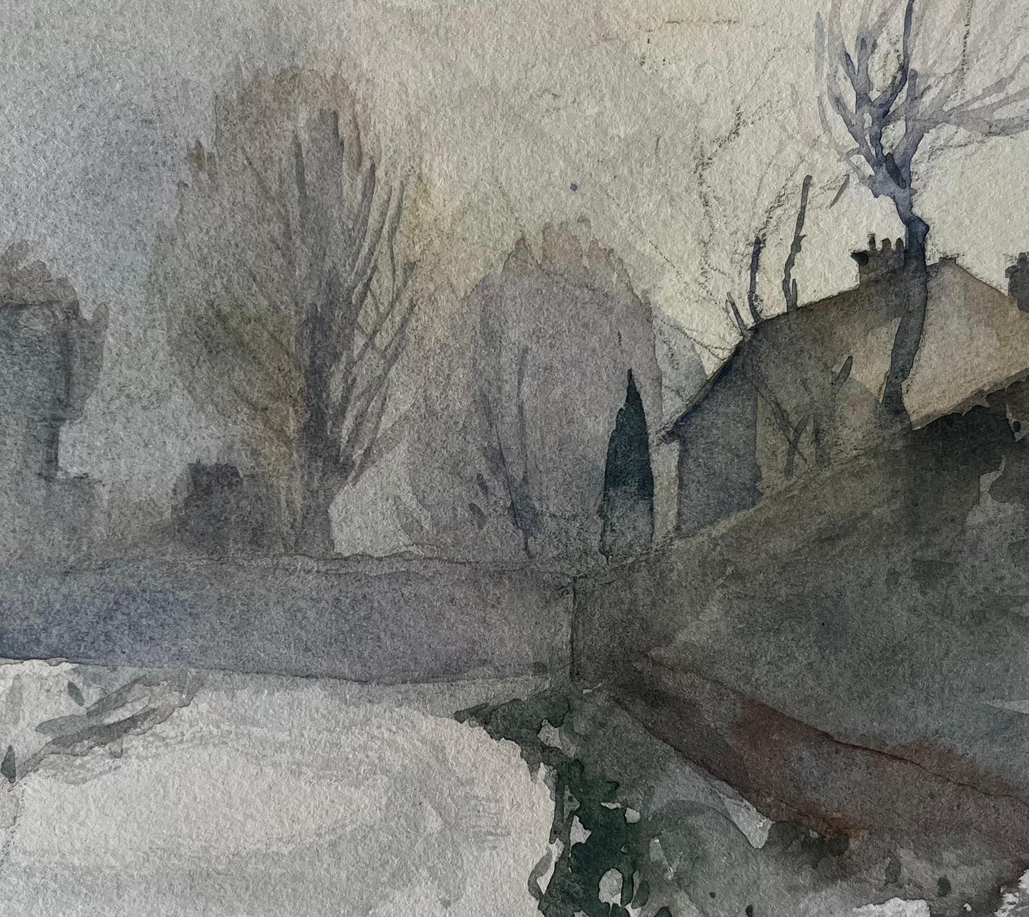 Paesaggio urbano invernale Case alberi e strada nebbiosa Acquerello in vendita 2