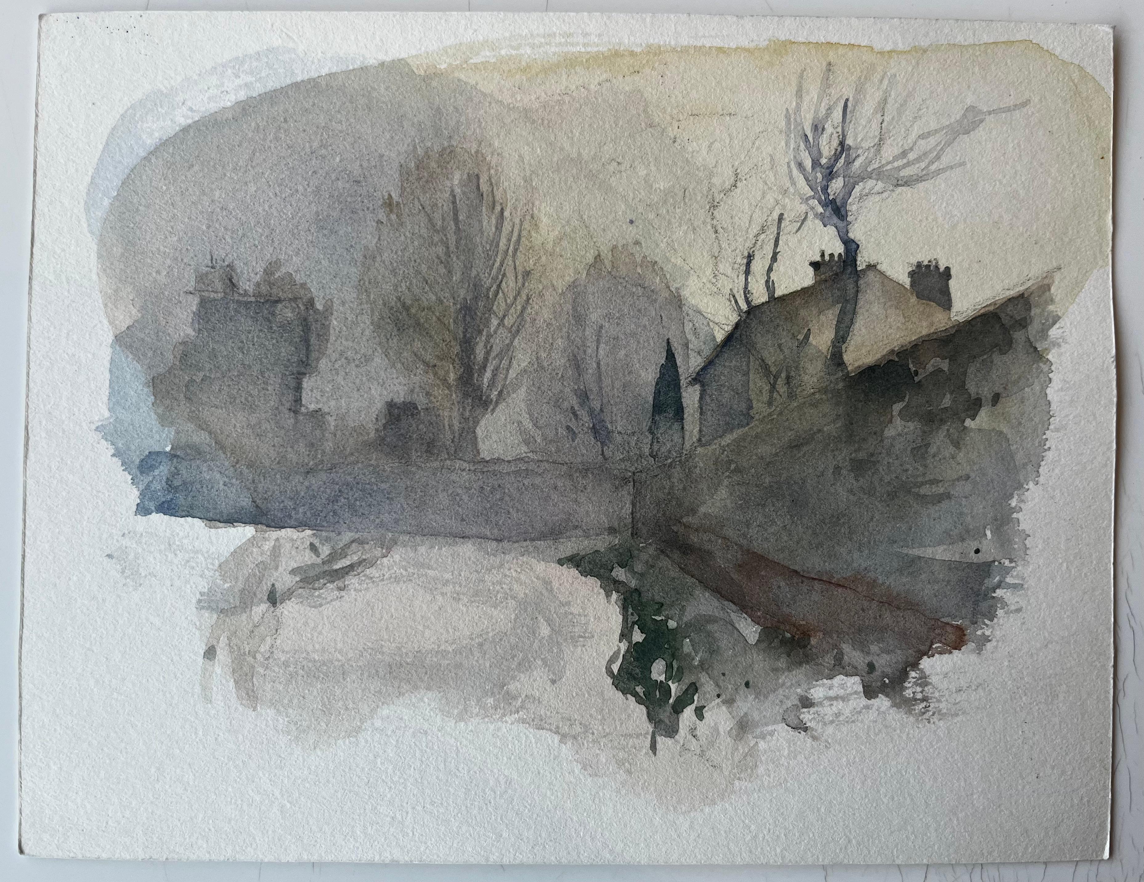 Paesaggio urbano invernale Case alberi e strada nebbiosa Acquerello - Art di Pierre Neveu