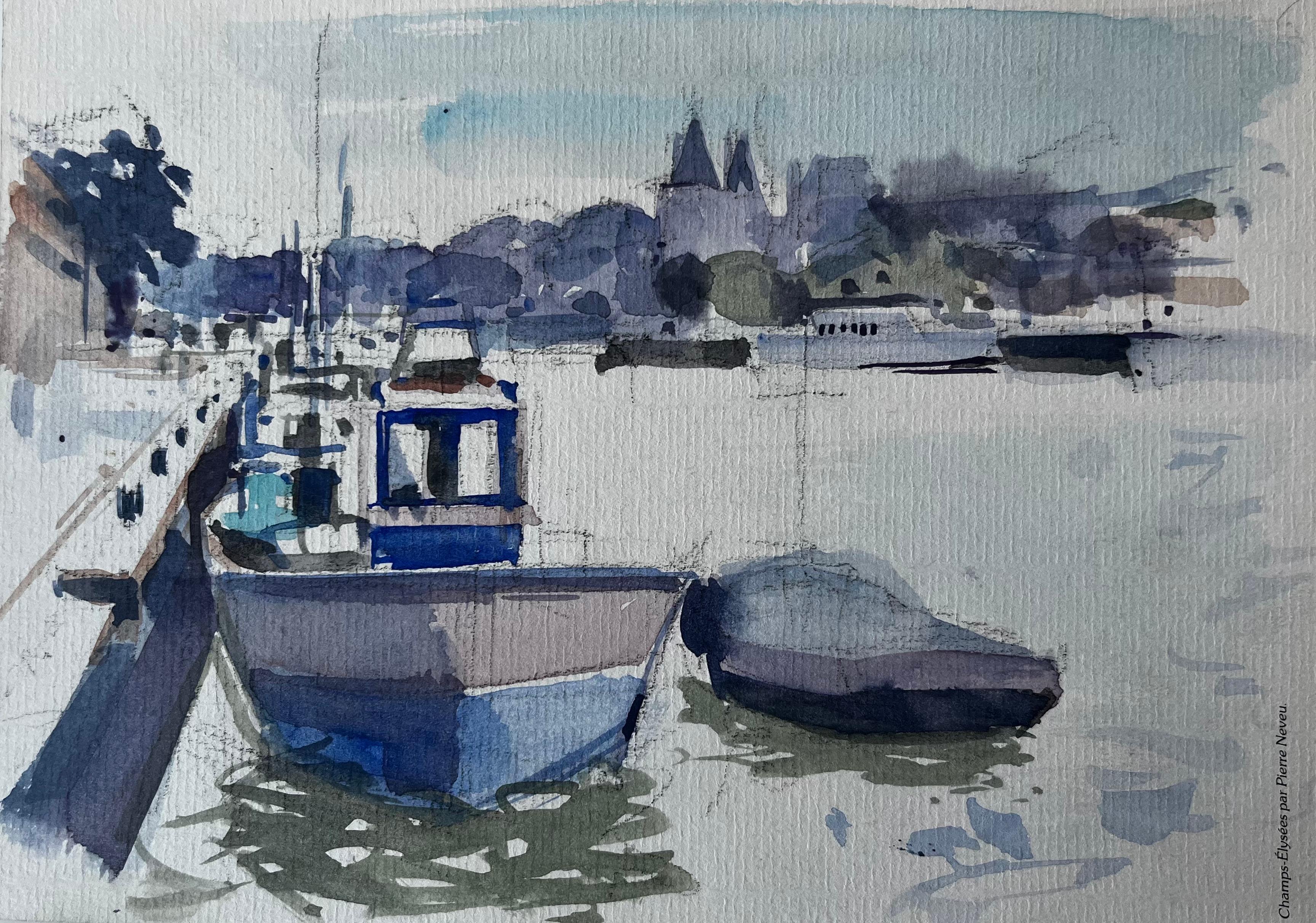 Hafen Boote Anlegestelle und Riverside Townes Französisch Aquarell Landschaft