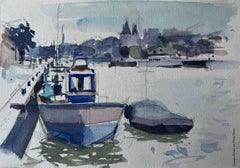 Barcos del puerto Embarcadero y ciudad ribereña Paisaje francés en acuarela