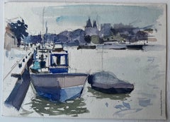 Harbour Boats Jetty and Riverside Town French Watercolor Landscape