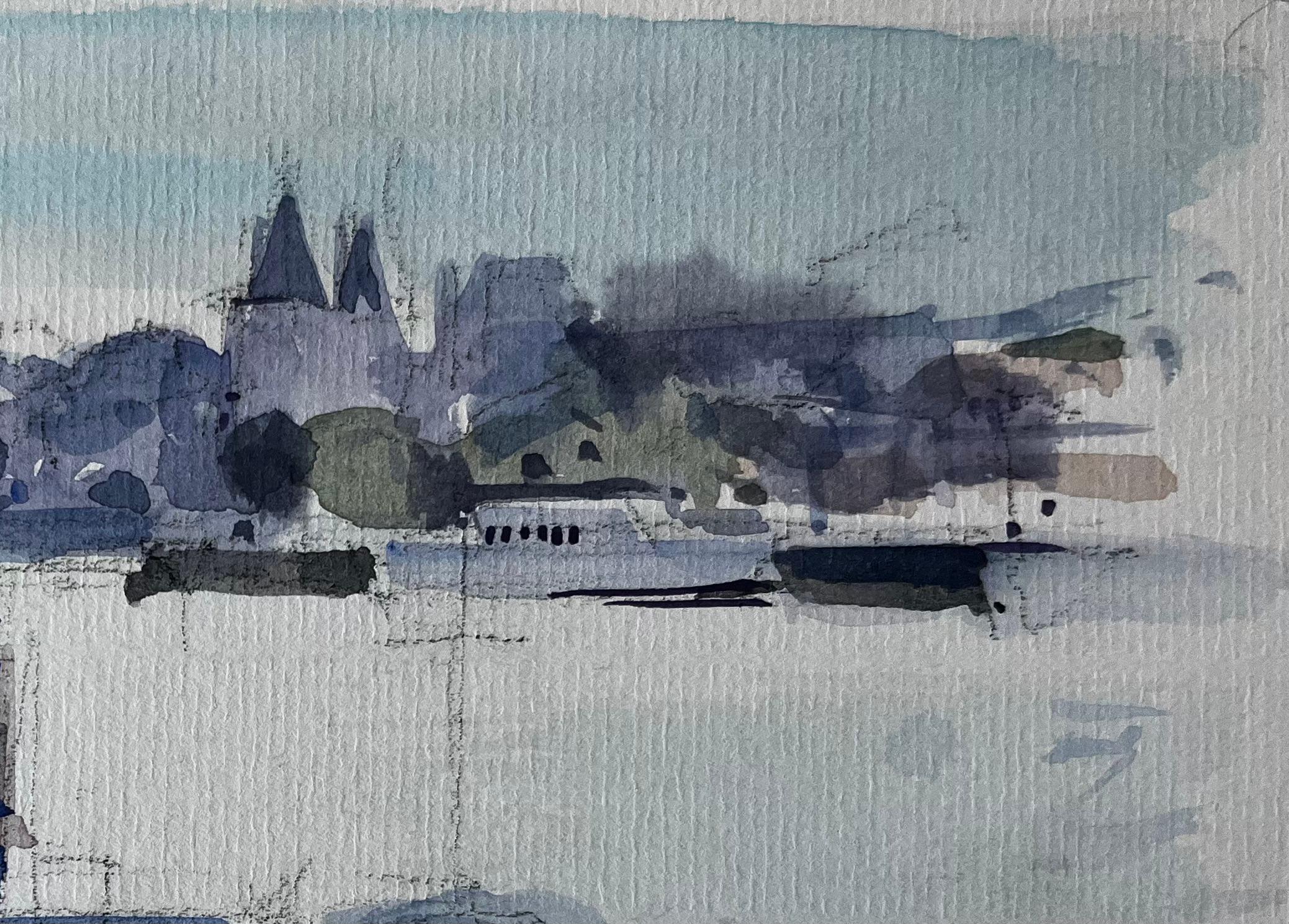 Barcos del puerto Embarcadero y ciudad ribereña Paisaje francés en acuarela - Art Posimpresionista de Pierre Neveu