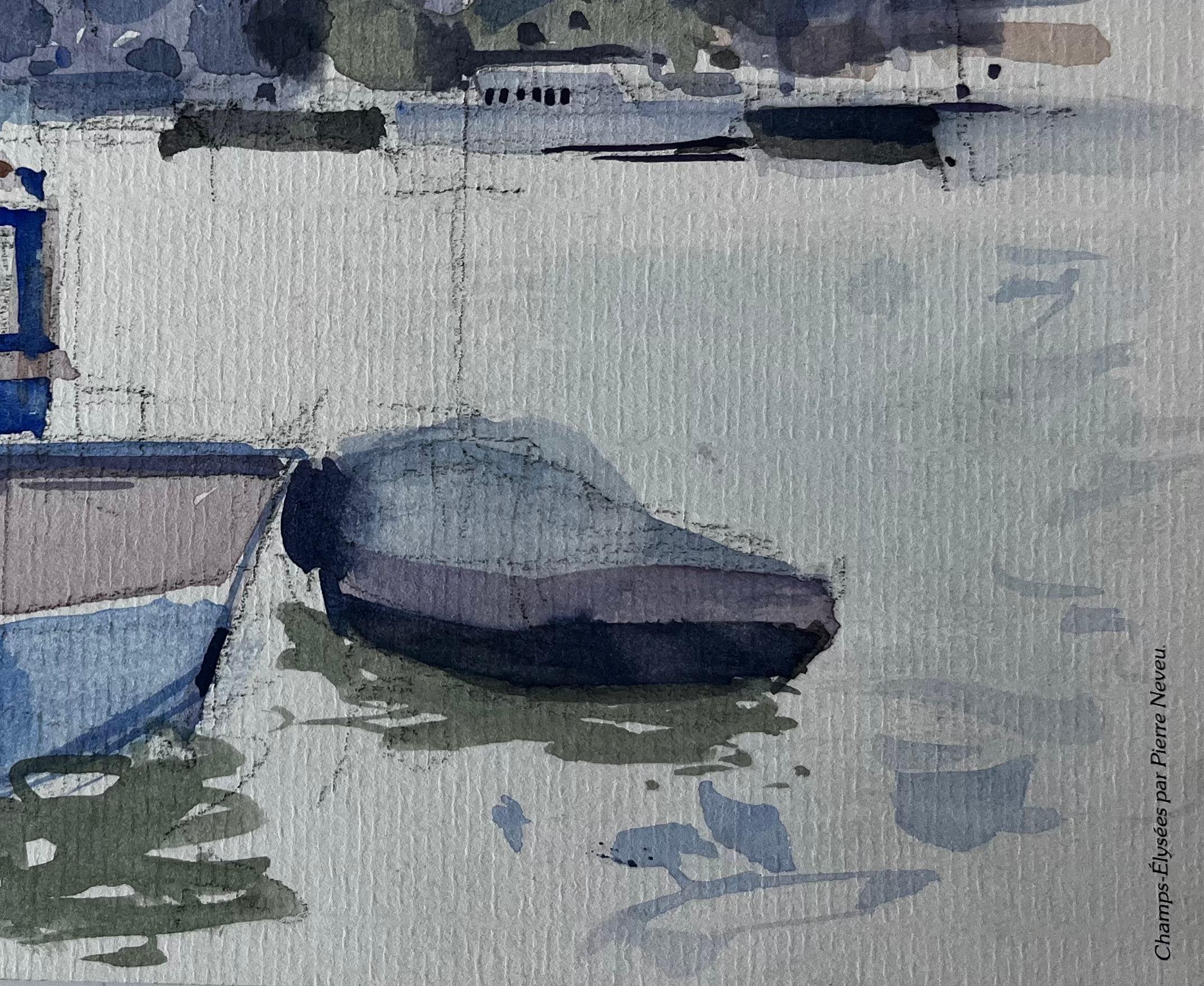 Barcos del puerto Embarcadero y ciudad ribereña Paisaje francés en acuarela en venta 1