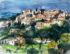 Aldea en la cima de una colina Árboles Casas iluminadas por el sol y paisaje mediterráneo Acuarela