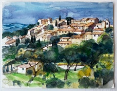 Hilltop Village Trees Sunlit Houses and Mediterranean Landscape Watercolor
